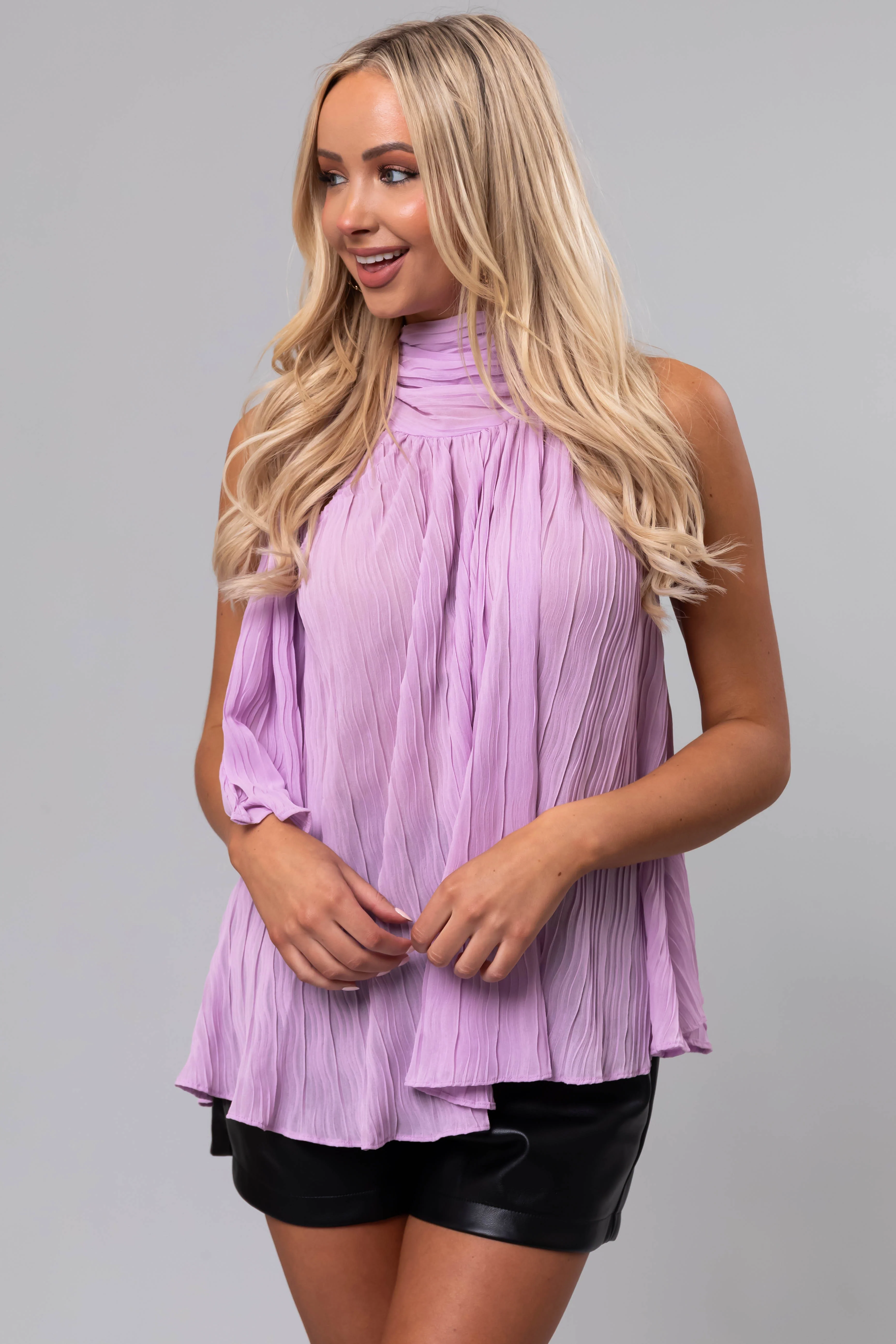 Lavender Sleeveless Neck Tie Pleated Blouse - Image 2