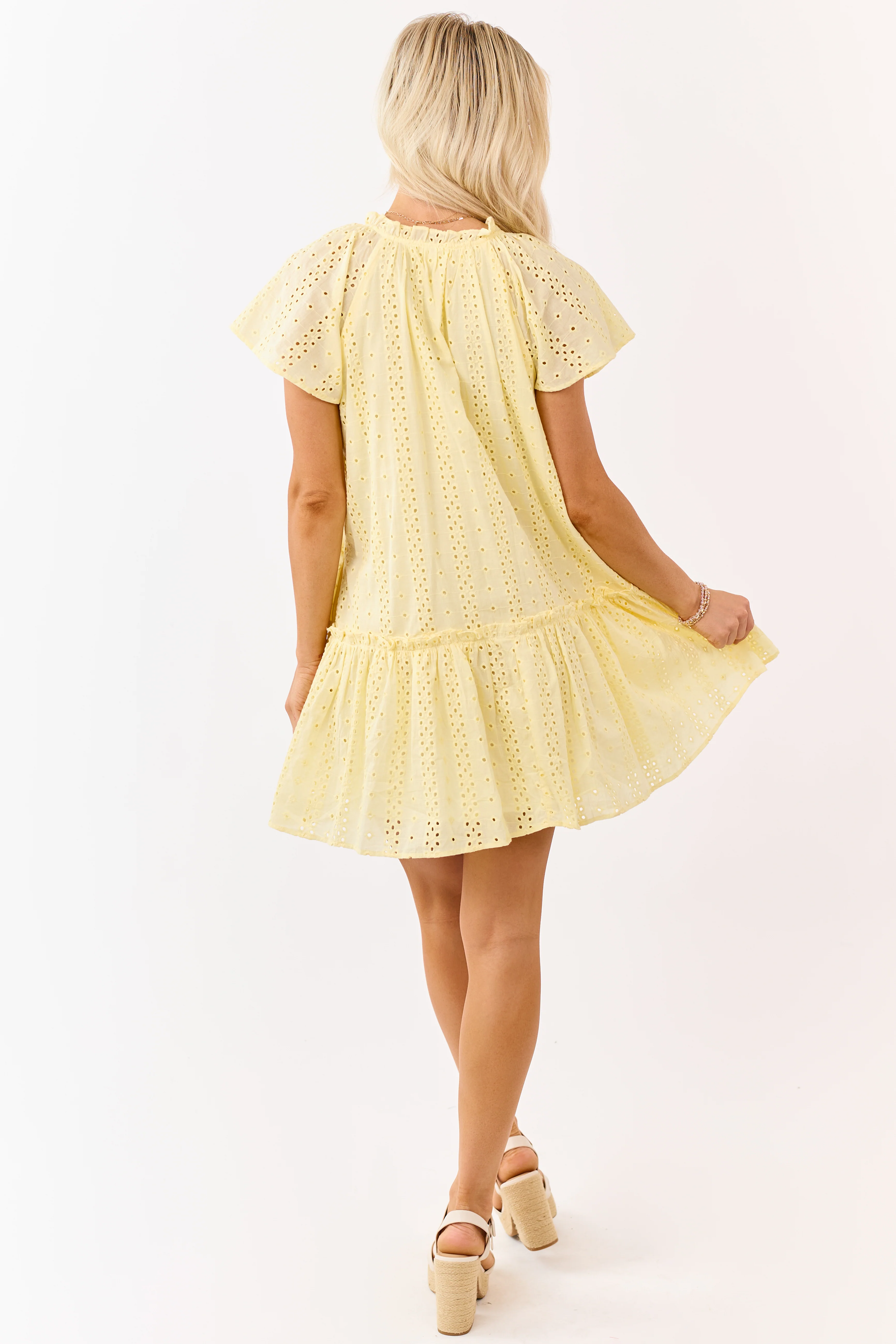 Lemon Eyelet Ruffle Cotton Shift Mini Dress - Image 5