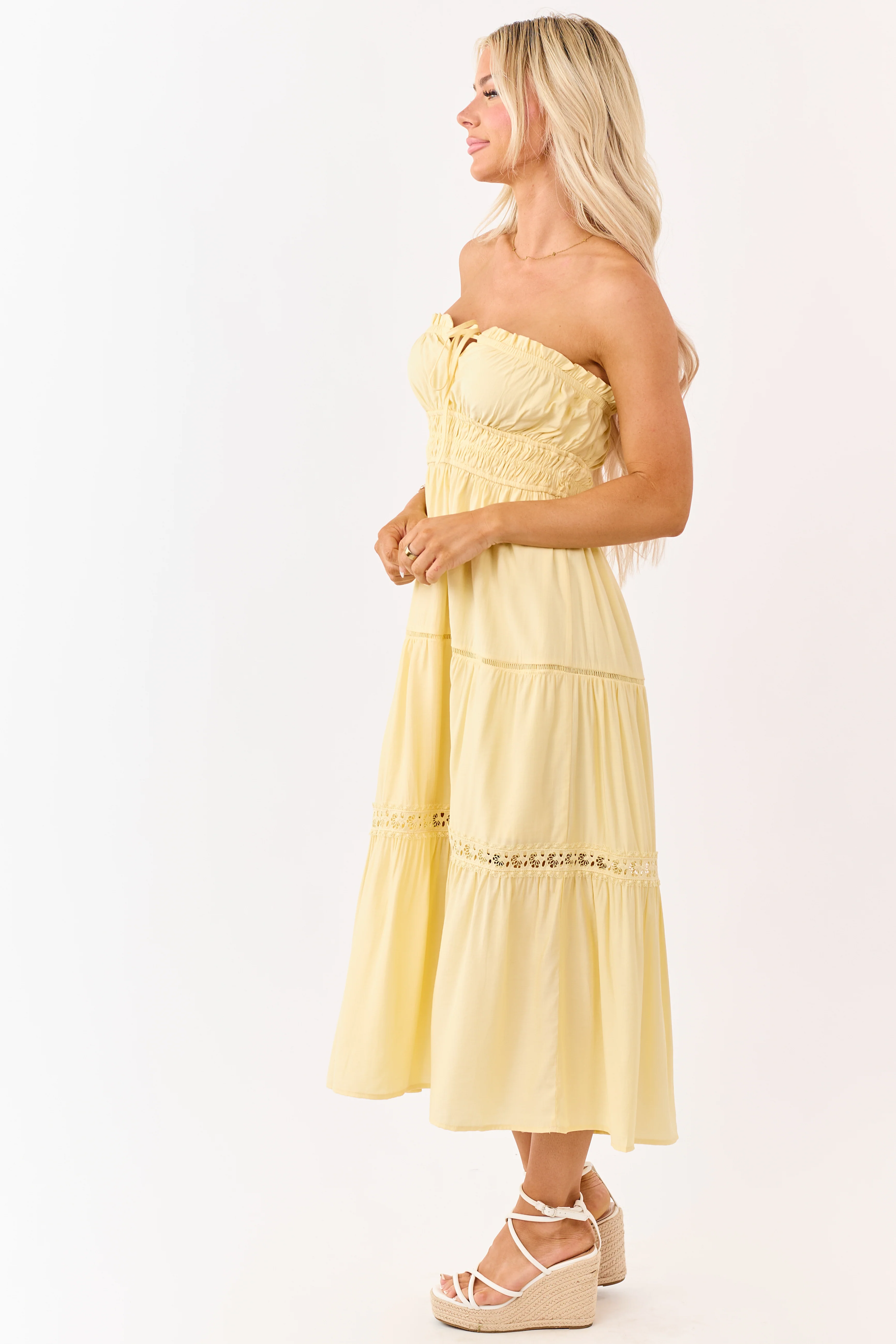 Lemon Strapless Tiered Lace Shirred Waist Midi Dress - Image 4