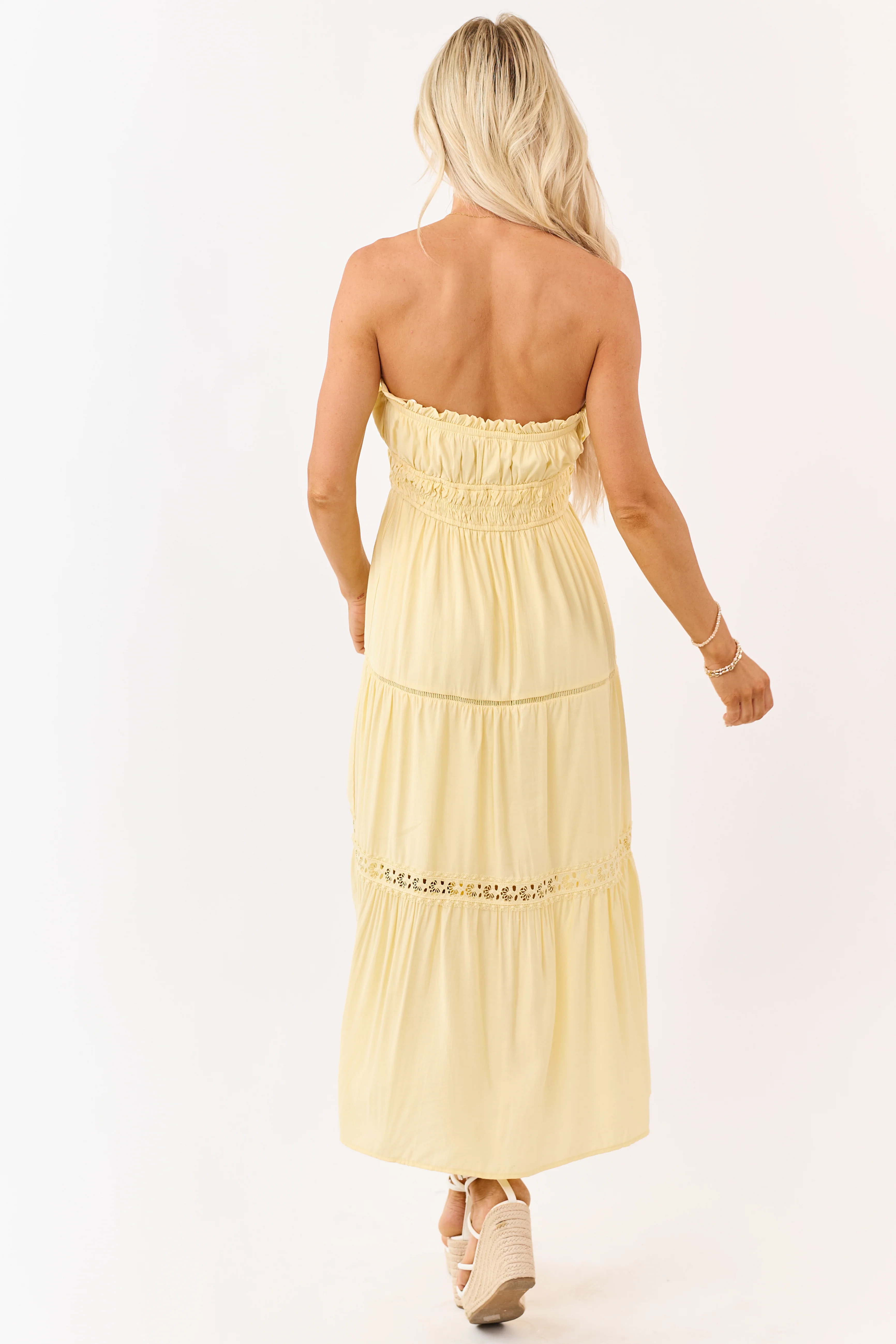 Lemon Strapless Tiered Lace Shirred Waist Midi Dress - Image 5