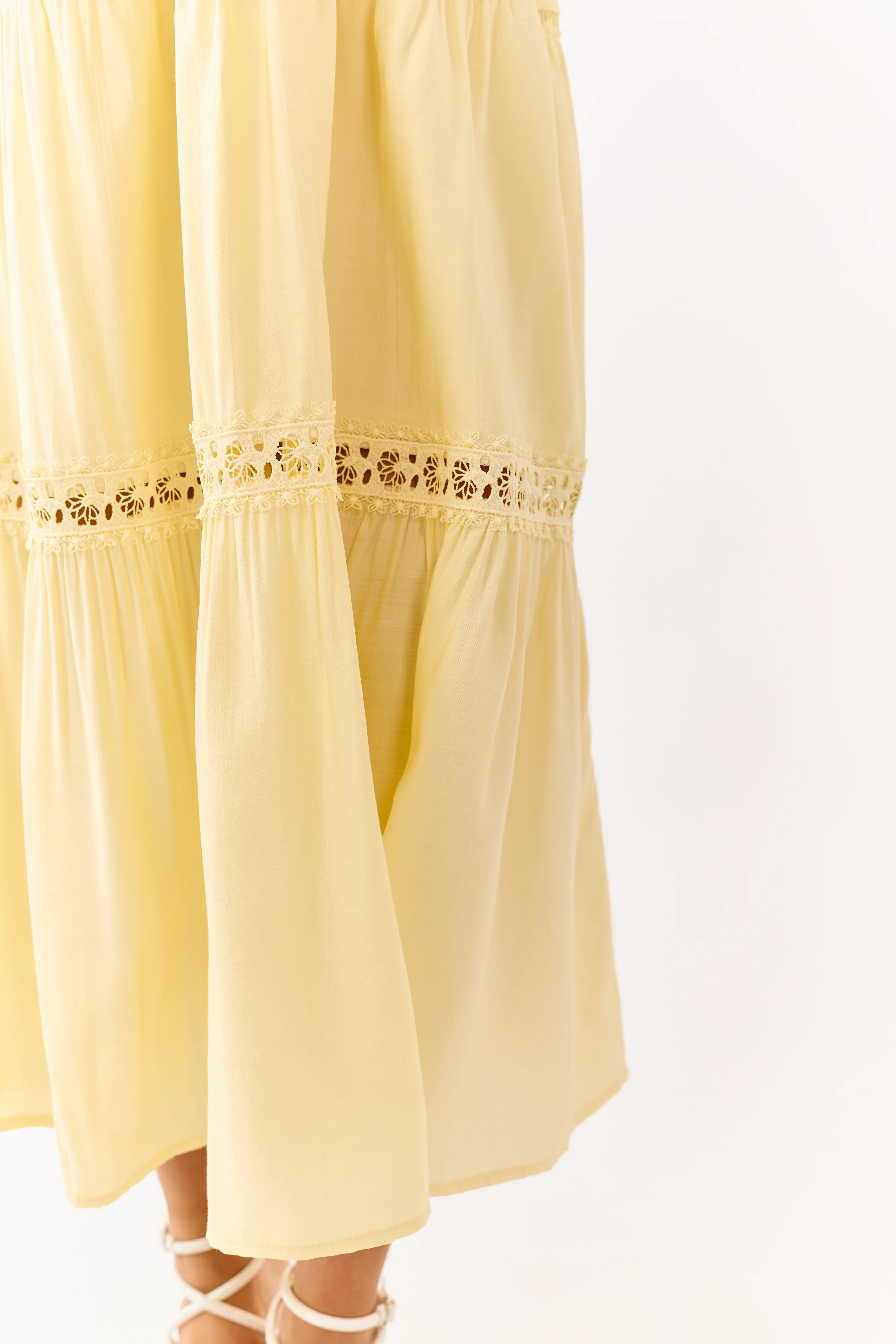Lemon Strapless Tiered Lace Shirred Waist Midi Dress - Image 6