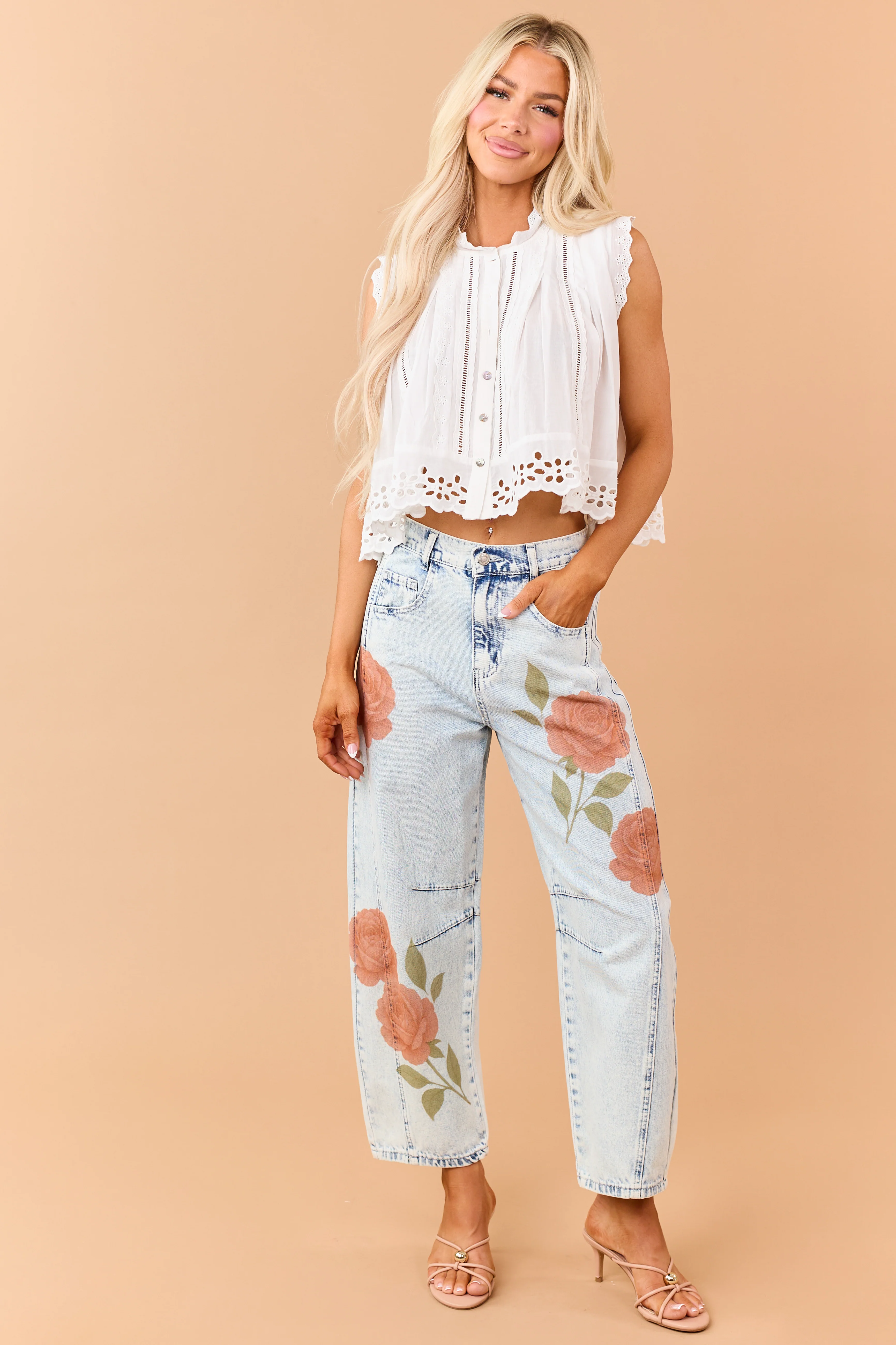 Light Acid Wash Rose Print Crop Barrel Jeans - Image 5