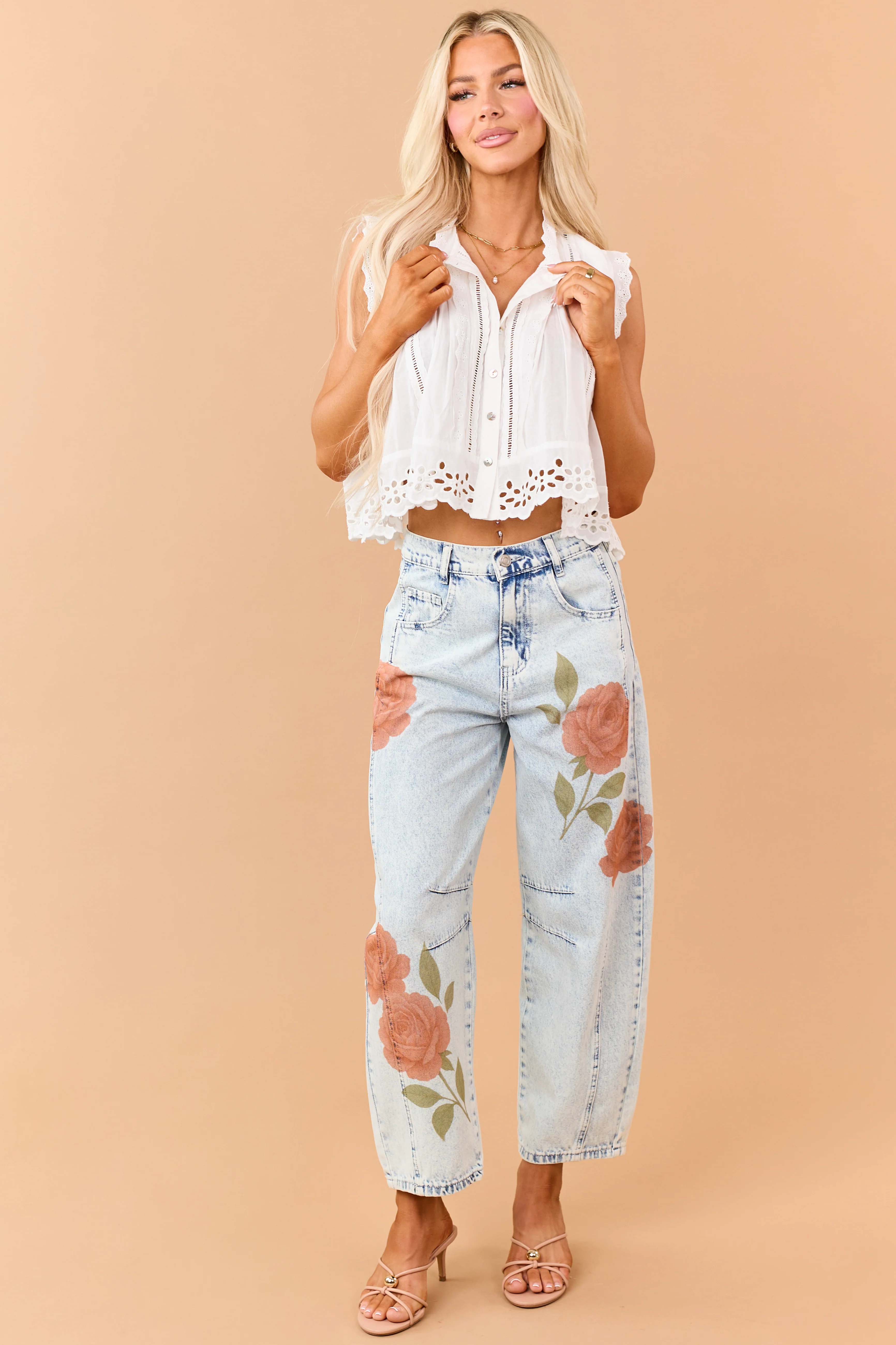 Light Acid Wash Rose Print Crop Barrel Jeans - Image 6