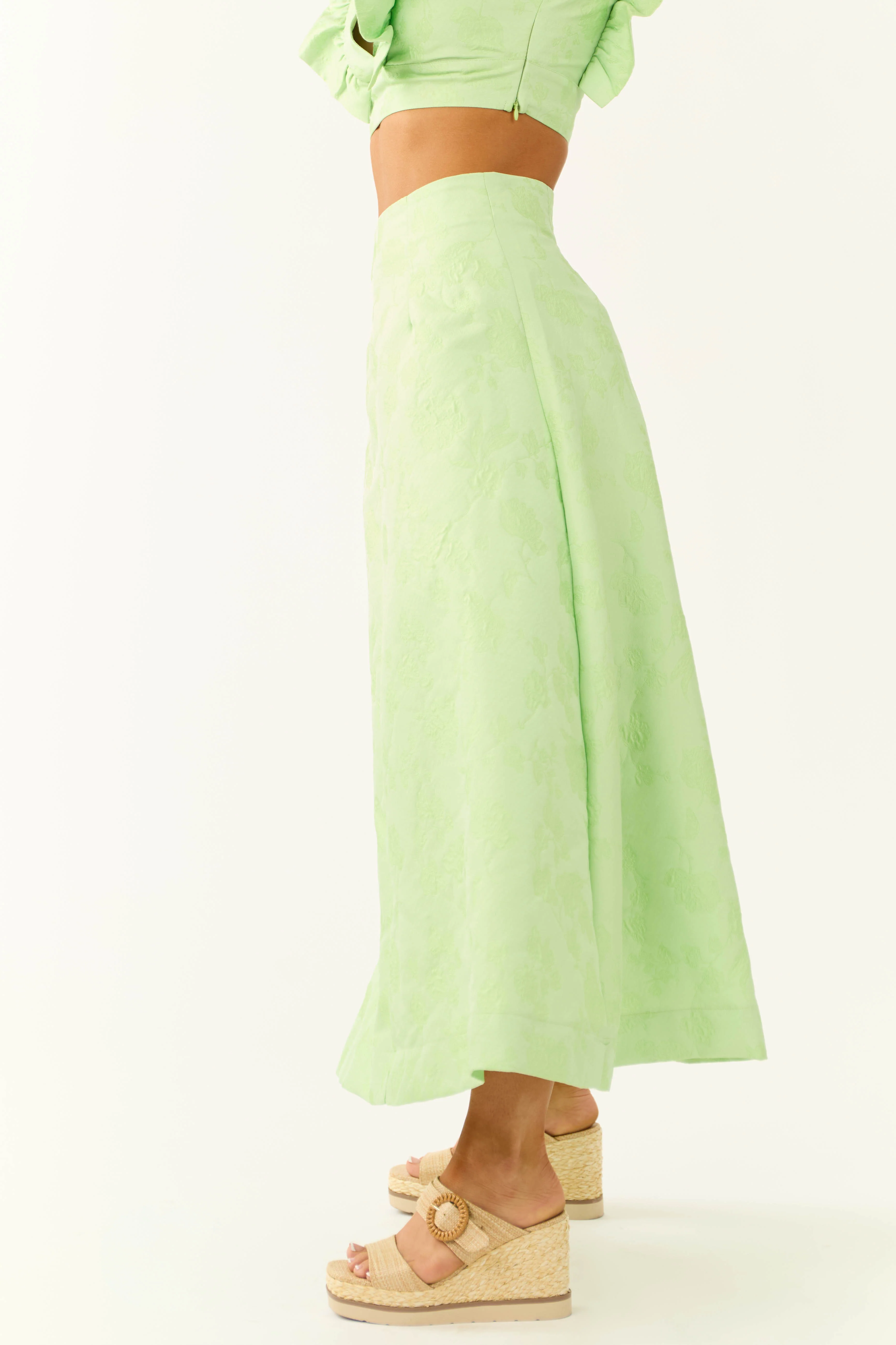 Light Lime Floral Jacquard A Line Midi Skirt - Image 3