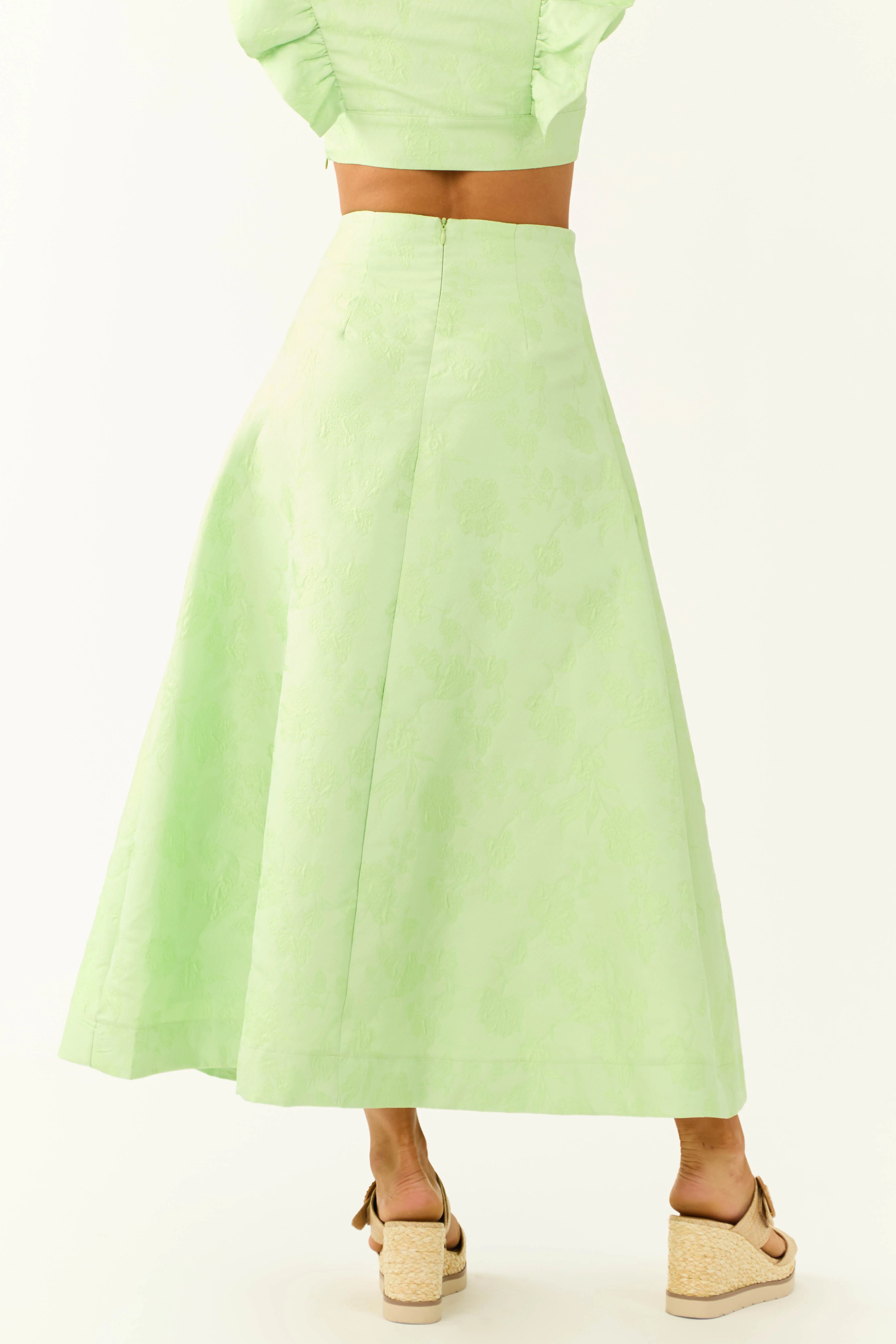 Light Lime Floral Jacquard A Line Midi Skirt - Image 4