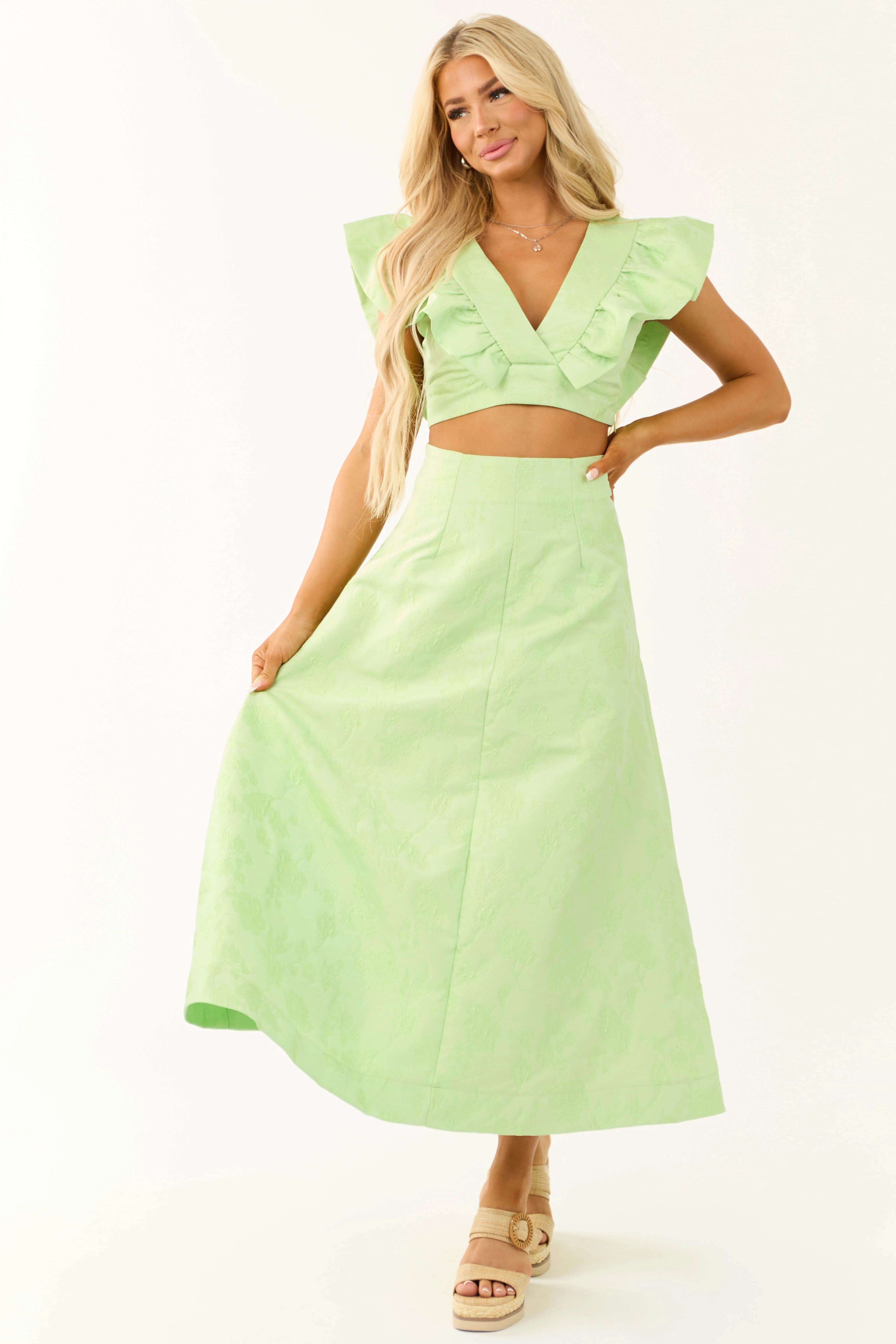Light Lime Floral Jacquard A Line Midi Skirt - Image 6