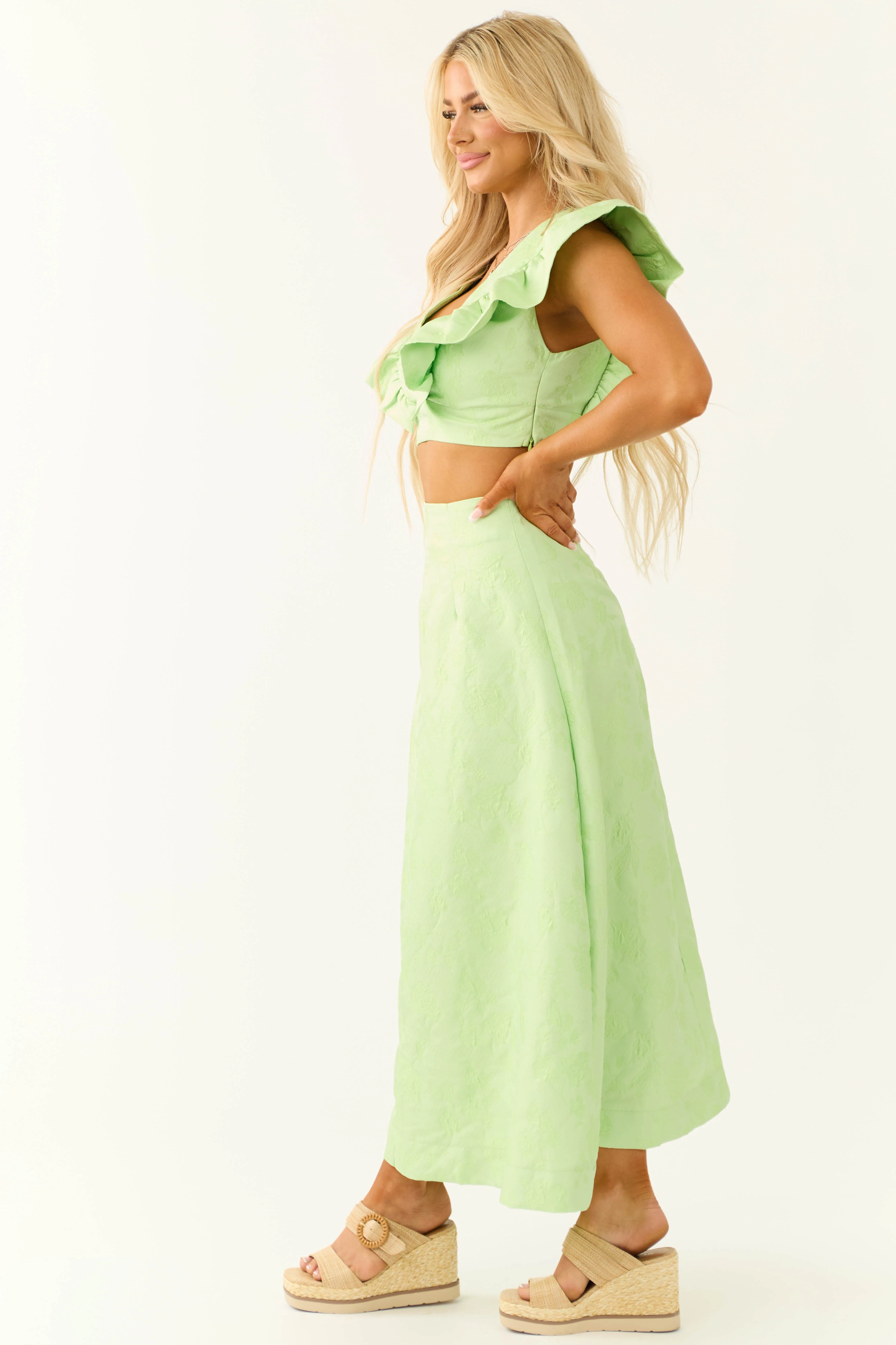 Light Lime Floral Jacquard A Line Midi Skirt - Image 7