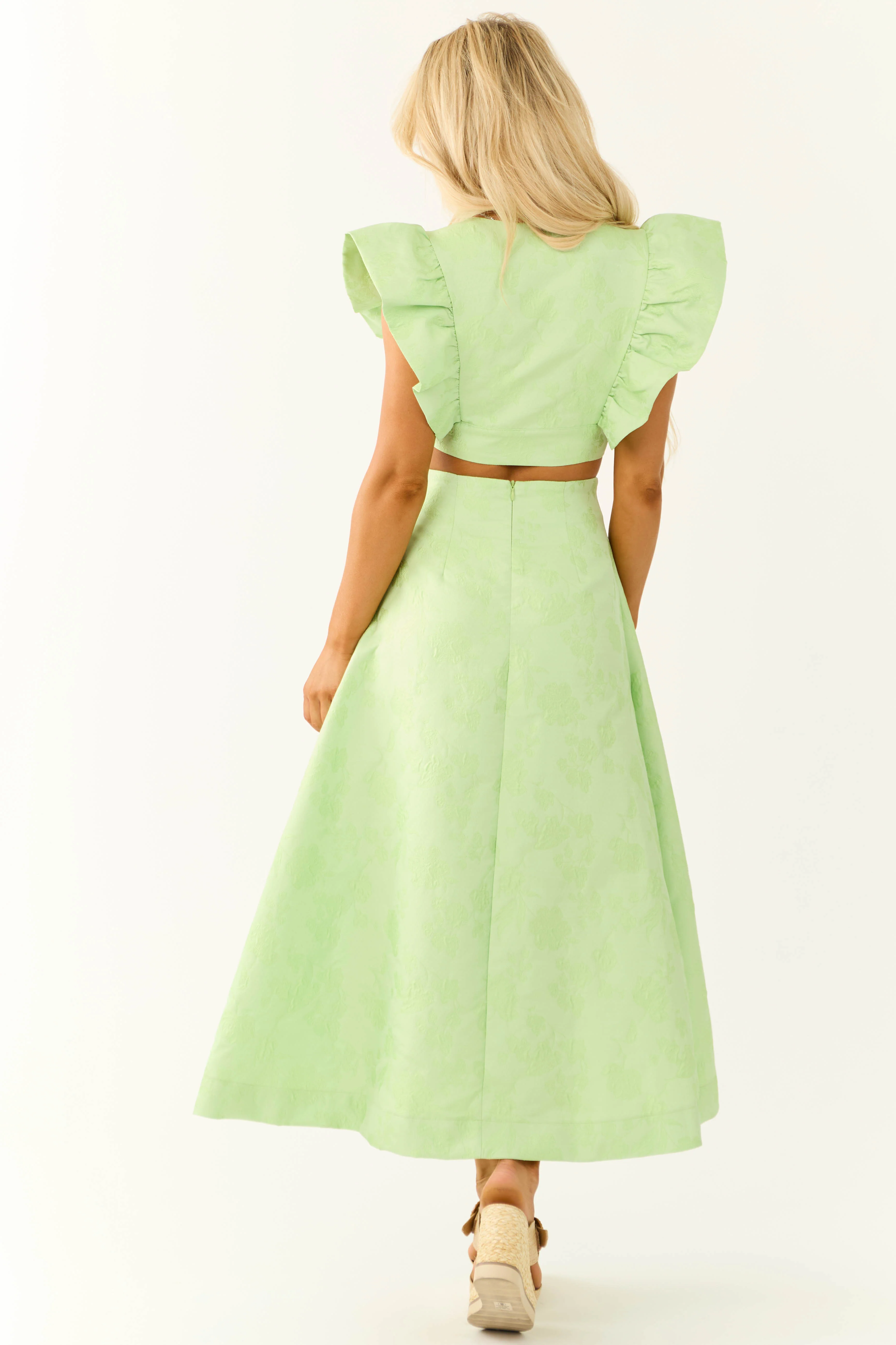 Light Lime Floral Jacquard A Line Midi Skirt - Image 8