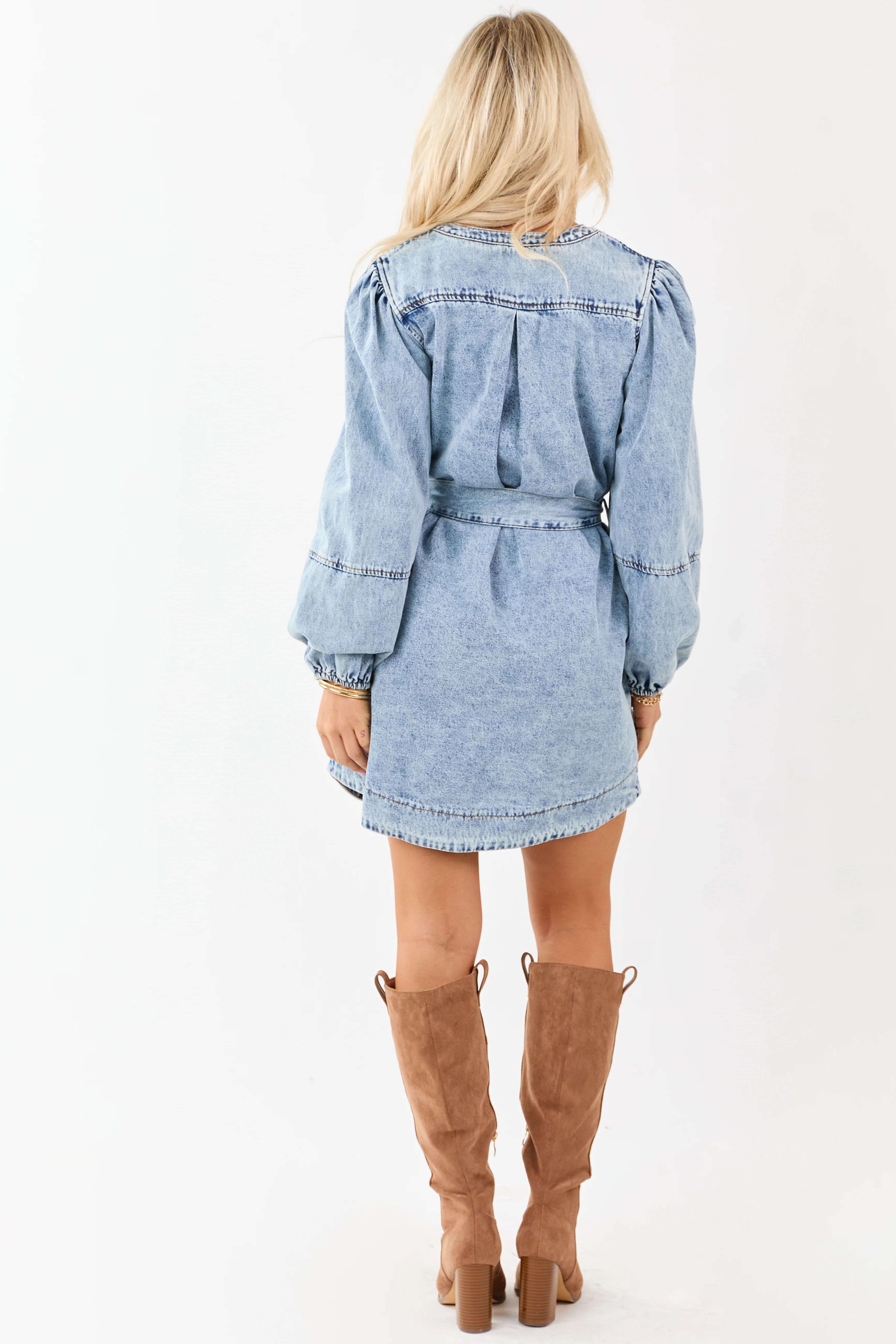 Light Mineral Wash Denim Waist Tie Short Shirt Dress - Image 5