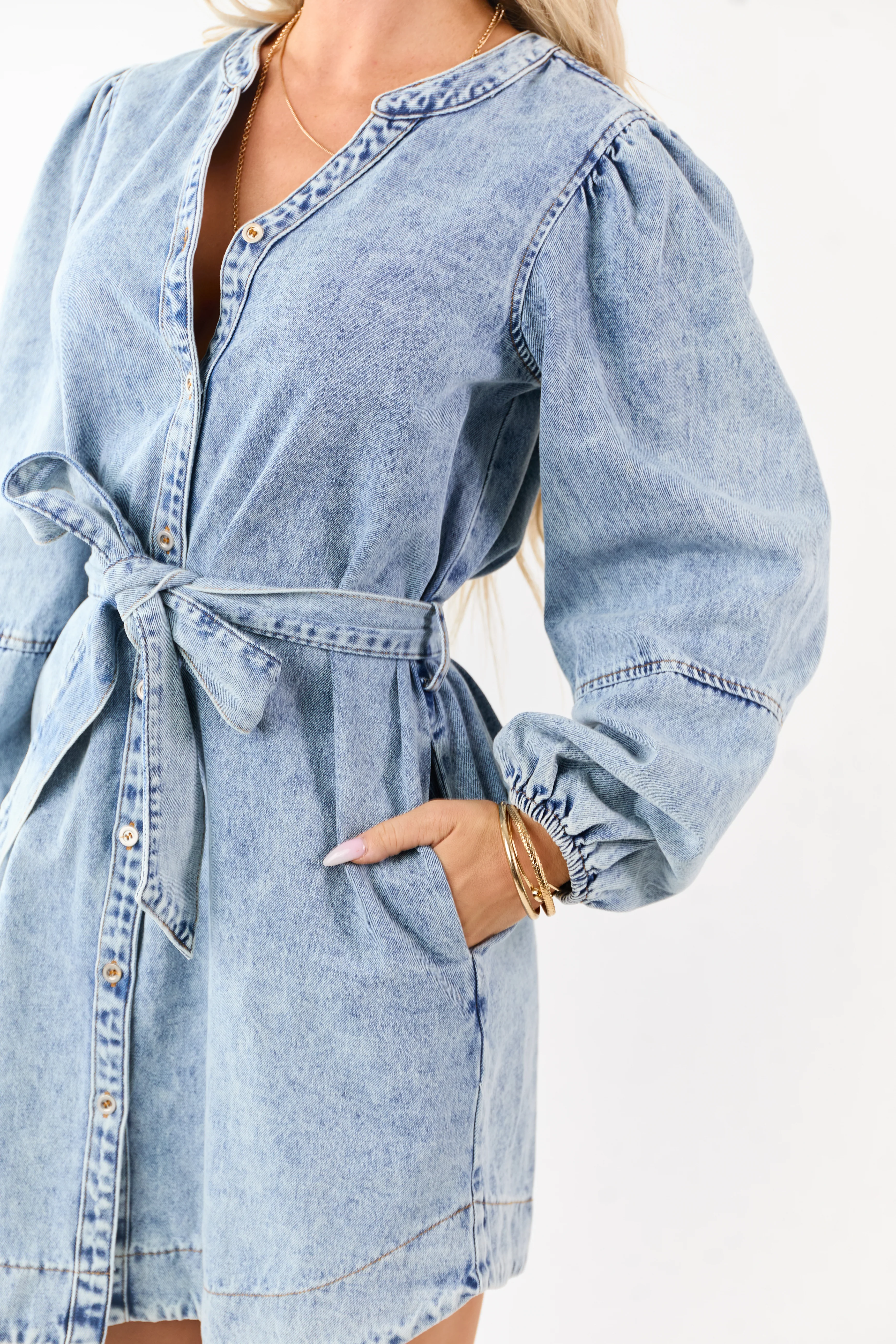 Light Mineral Wash Denim Waist Tie Short Shirt Dress - Image 6