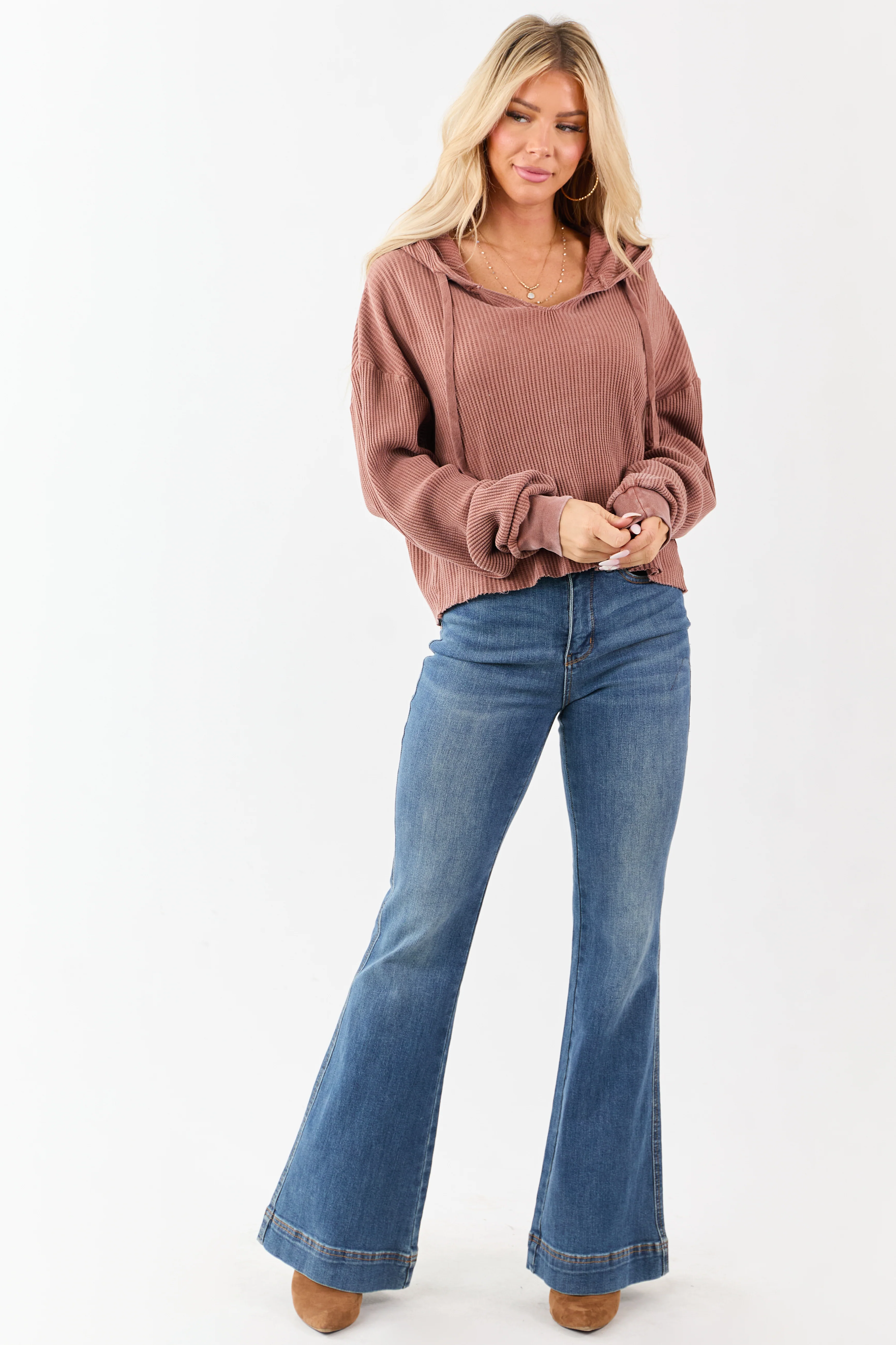 Light Sienna Cotton Waffle Knit Hooded Long Sleeve Top - Image 2