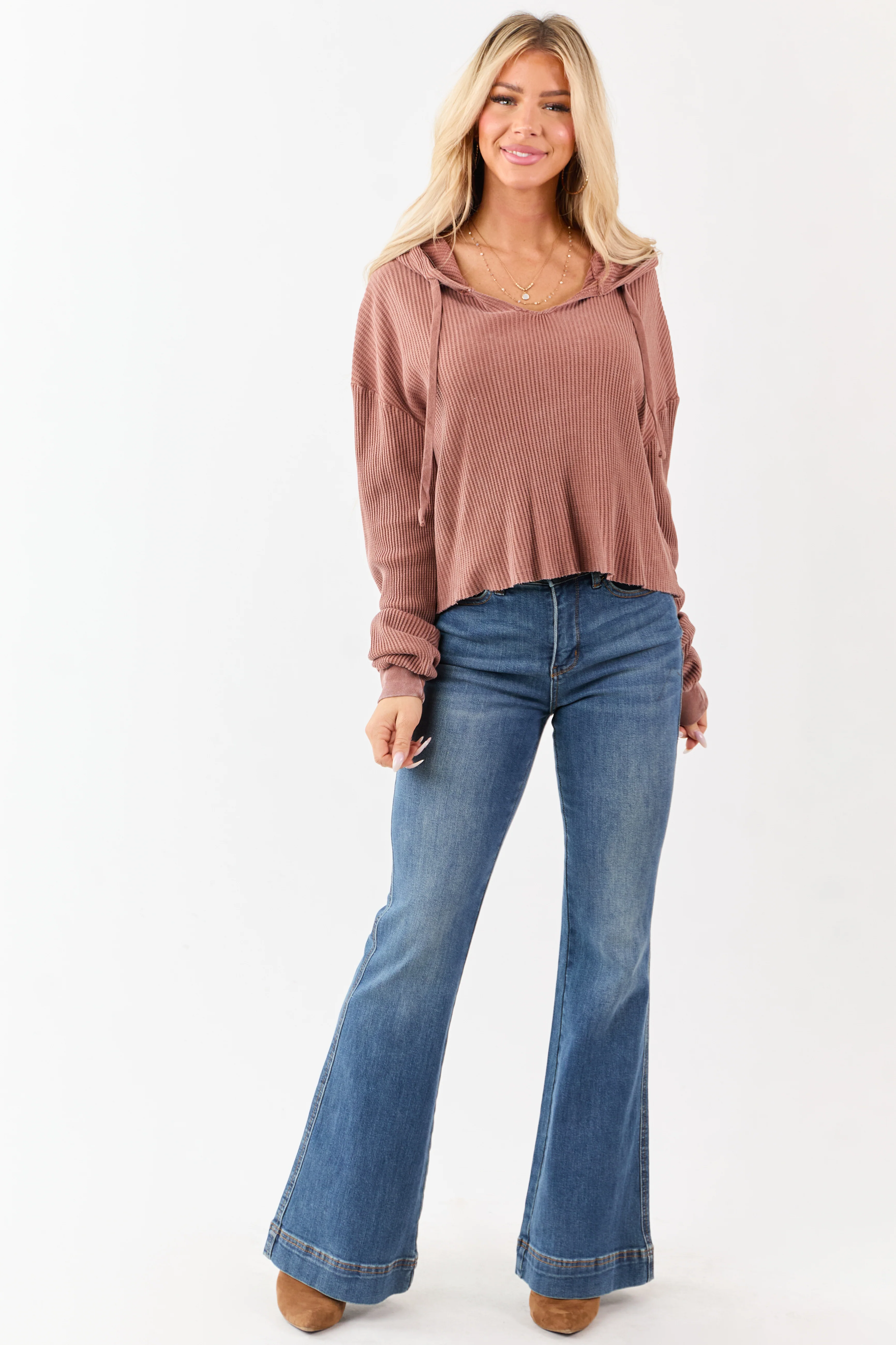 Light Sienna Cotton Waffle Knit Hooded Long Sleeve Top - Image 3