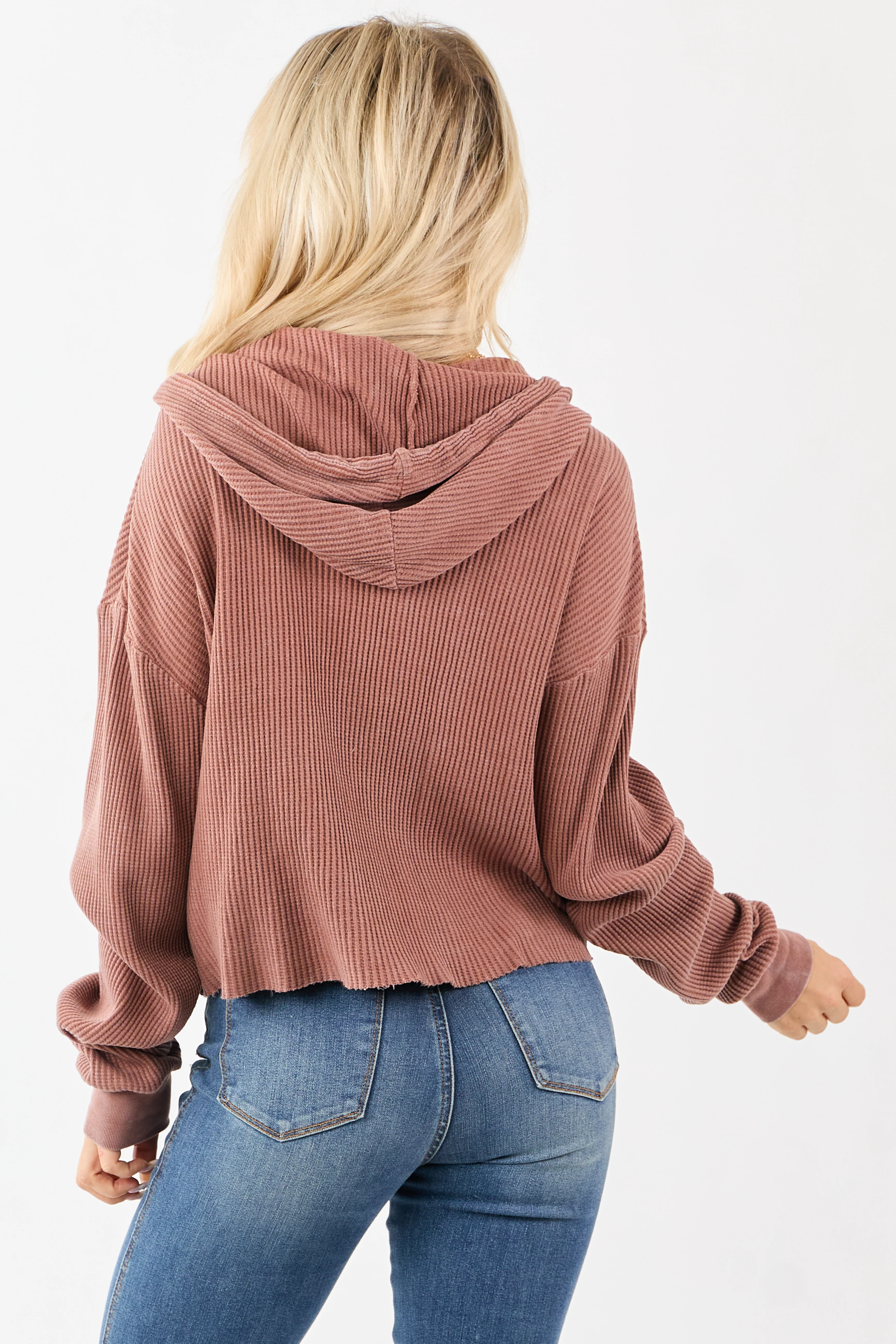 Light Sienna Cotton Waffle Knit Hooded Long Sleeve Top - Image 5