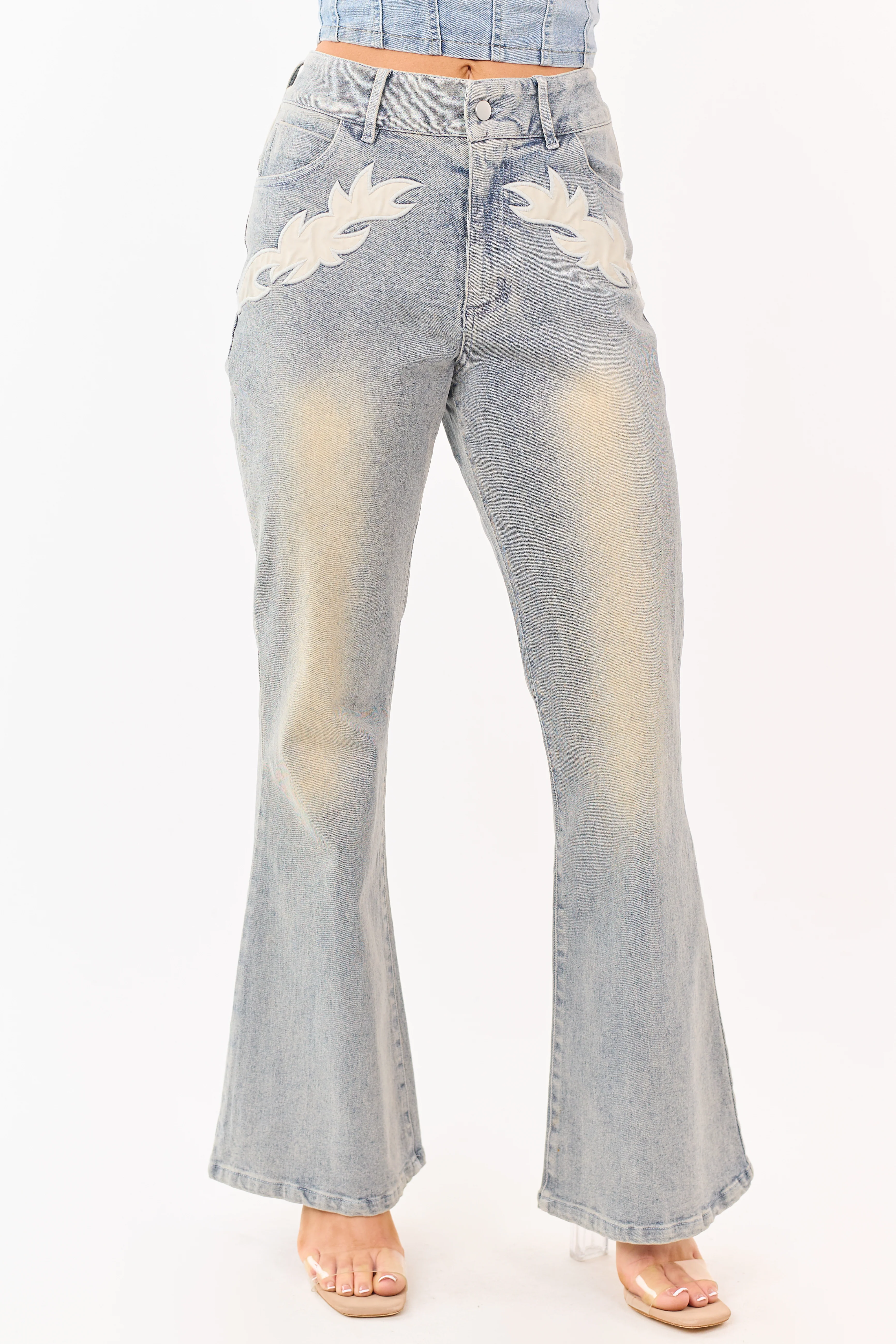 Light Stone Wash Western Patch Bootcut Stretch Jeans - Image 2