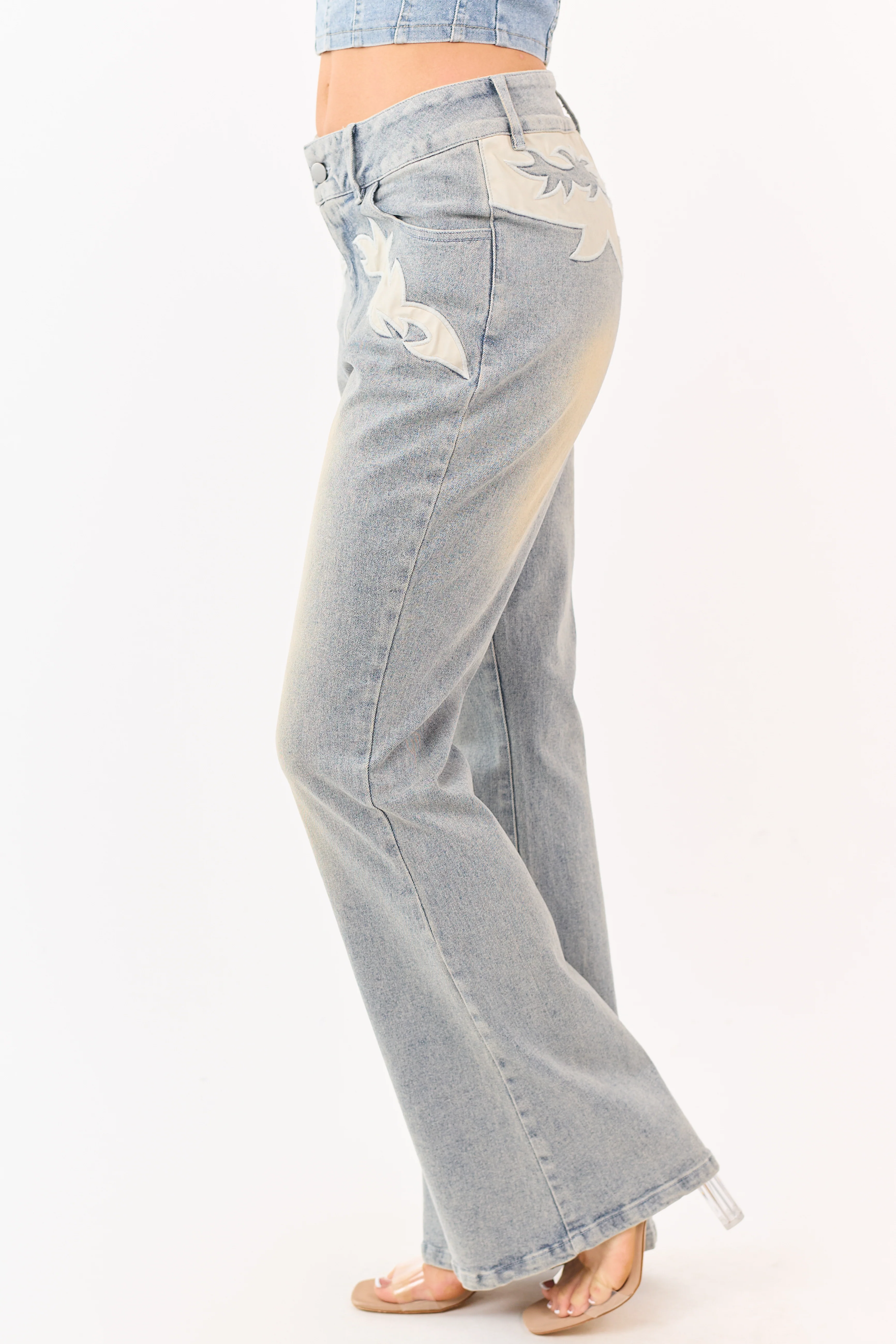 Light Stone Wash Western Patch Bootcut Stretch Jeans - Image 3