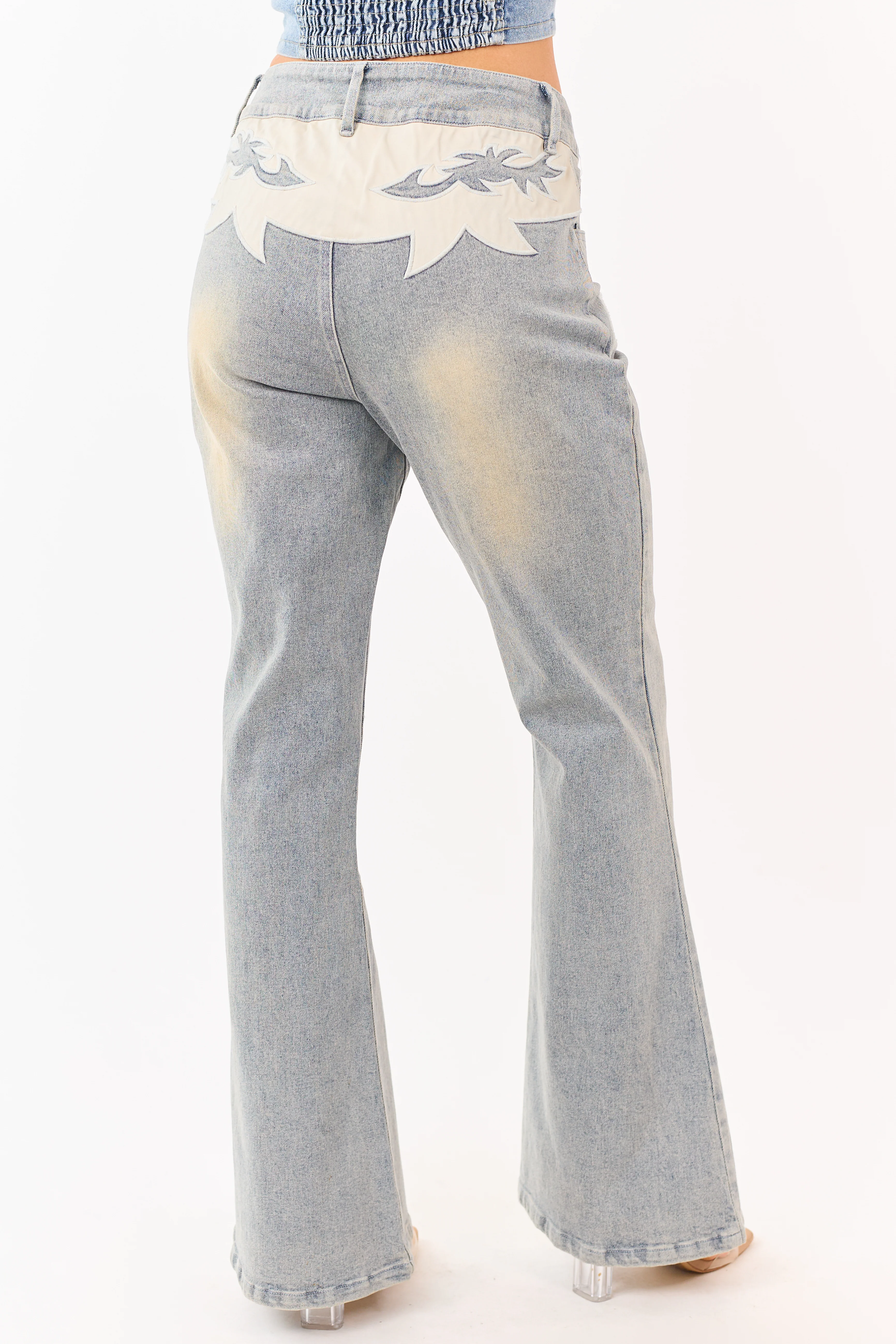 Light Stone Wash Western Patch Bootcut Stretch Jeans - Image 4