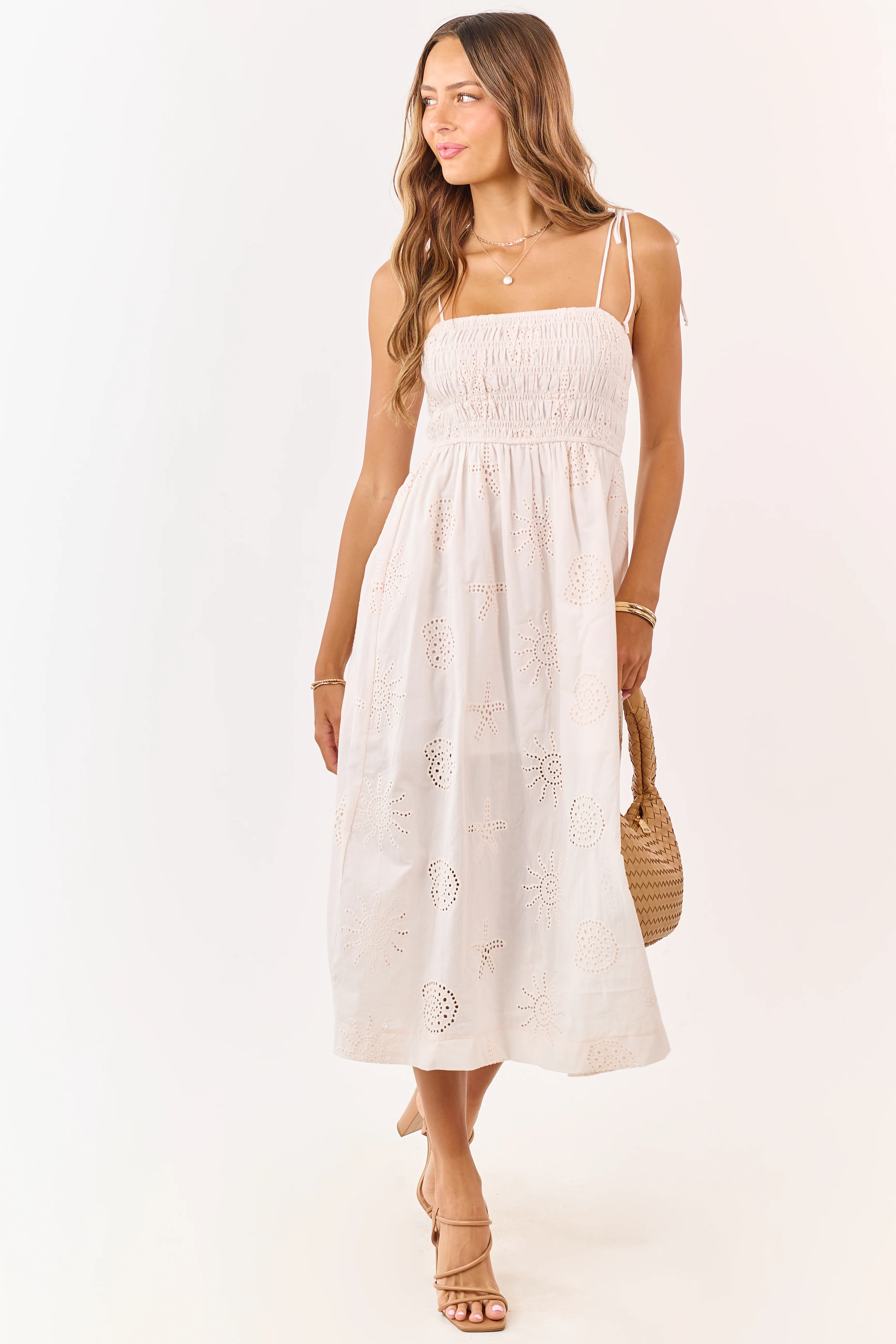 Light Tea Rose Smocked Eyelet Cotton Midi Dress - Image 3