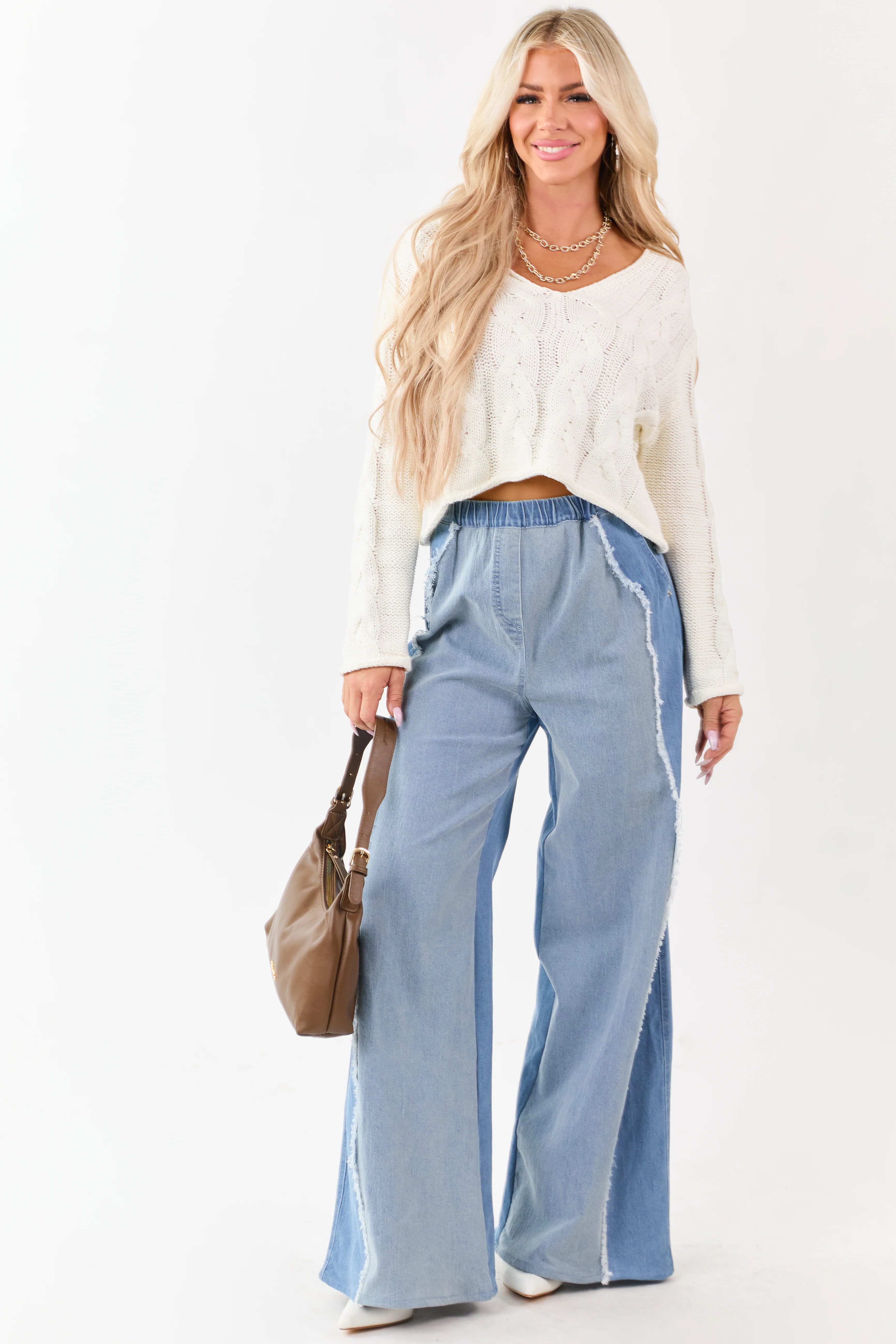 Light Wash Colorblock Elastic Waist Wide Denim Pants - Image 3