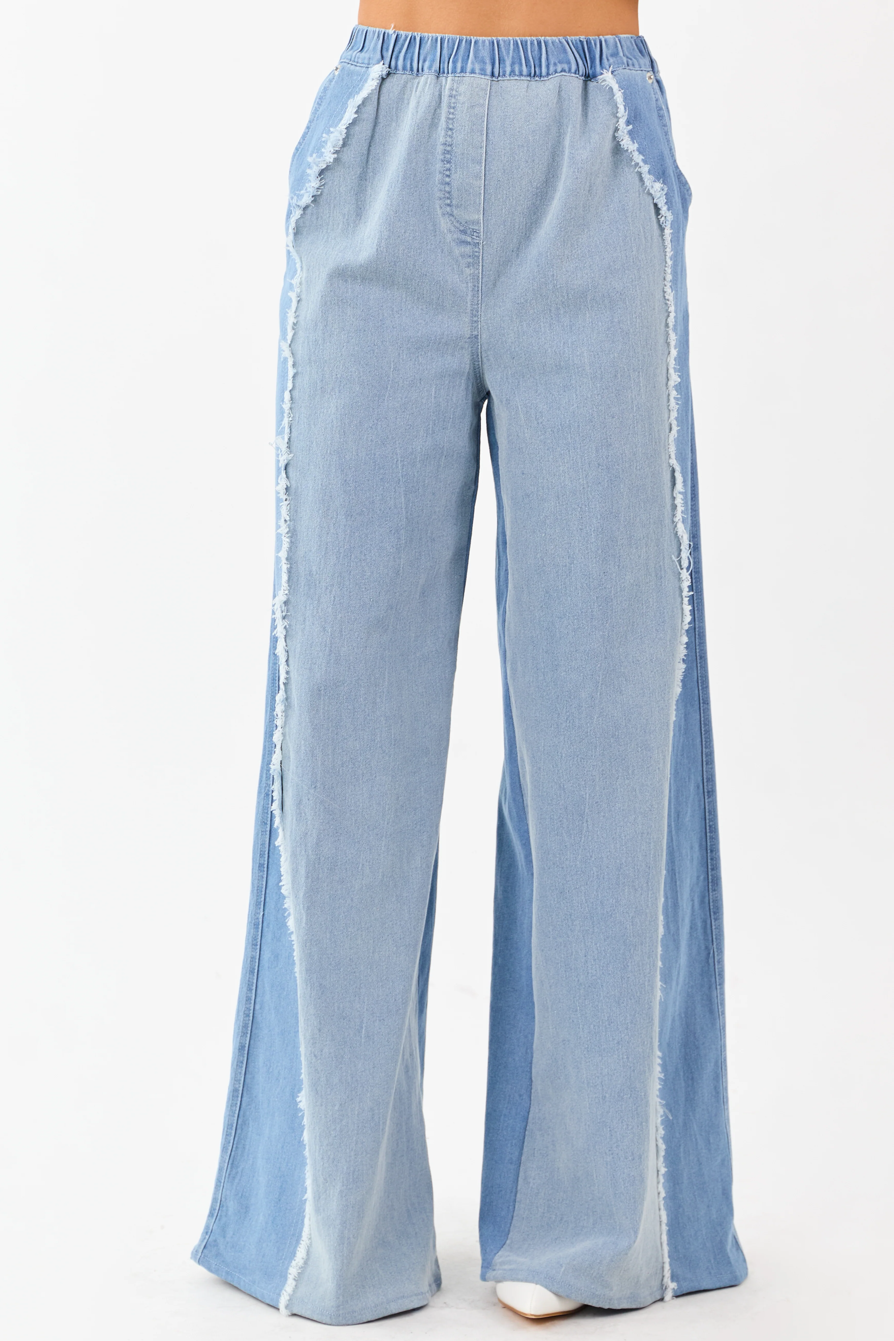 Light Wash Colorblock Elastic Waist Wide Denim Pants - Image 4