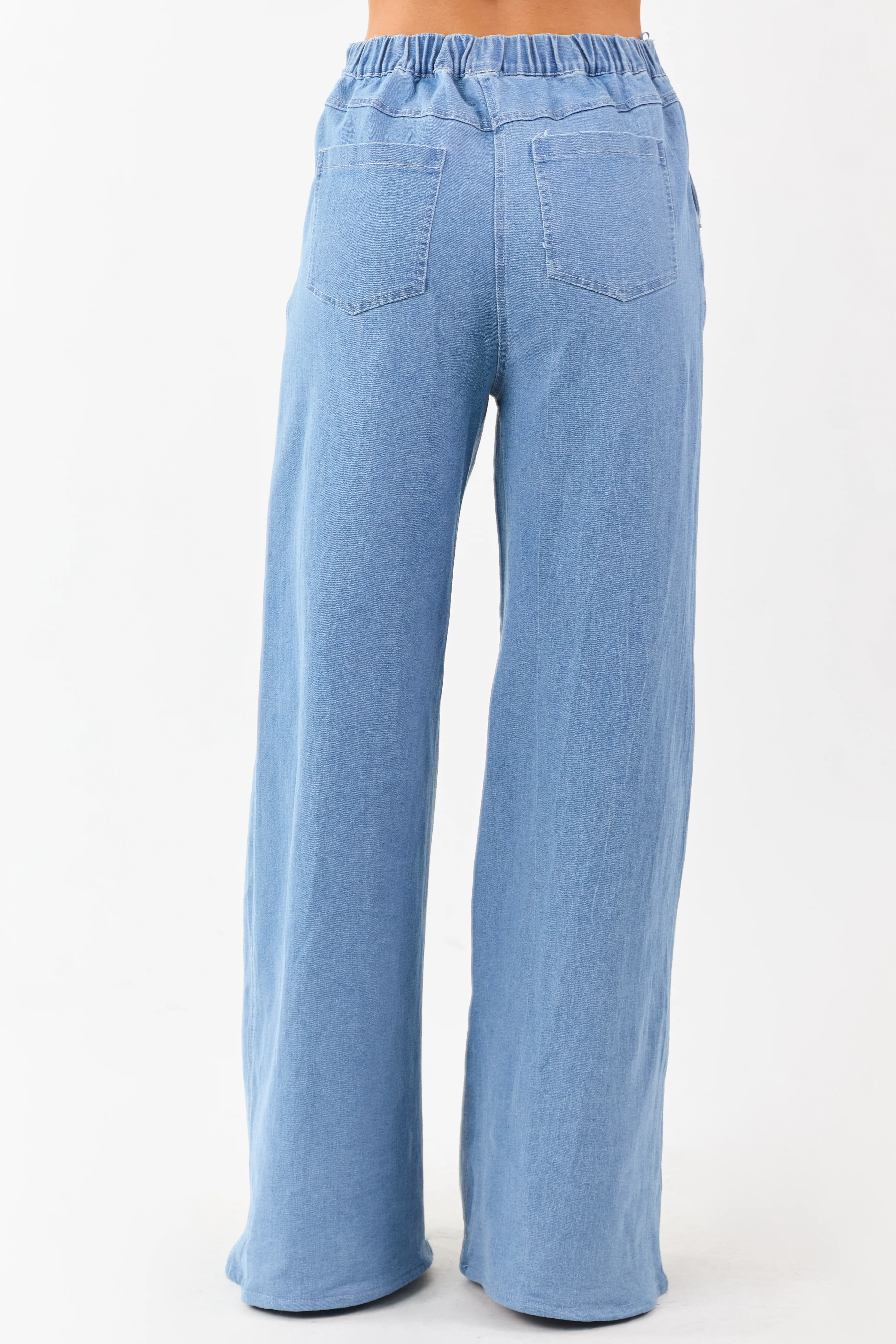 Light Wash Colorblock Elastic Waist Wide Denim Pants - Image 5