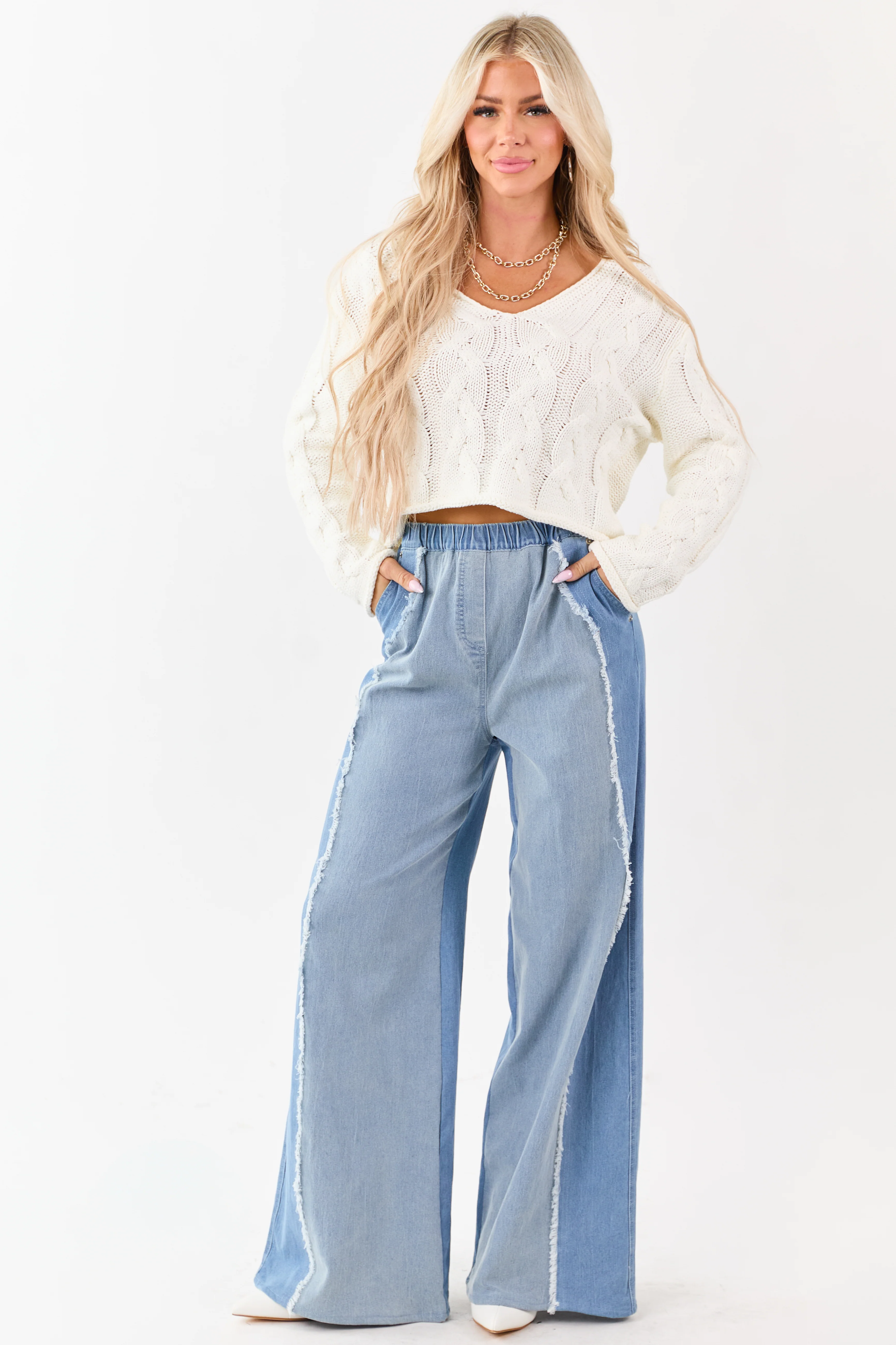 Light Wash Colorblock Elastic Waist Wide Denim Pants - Image 6