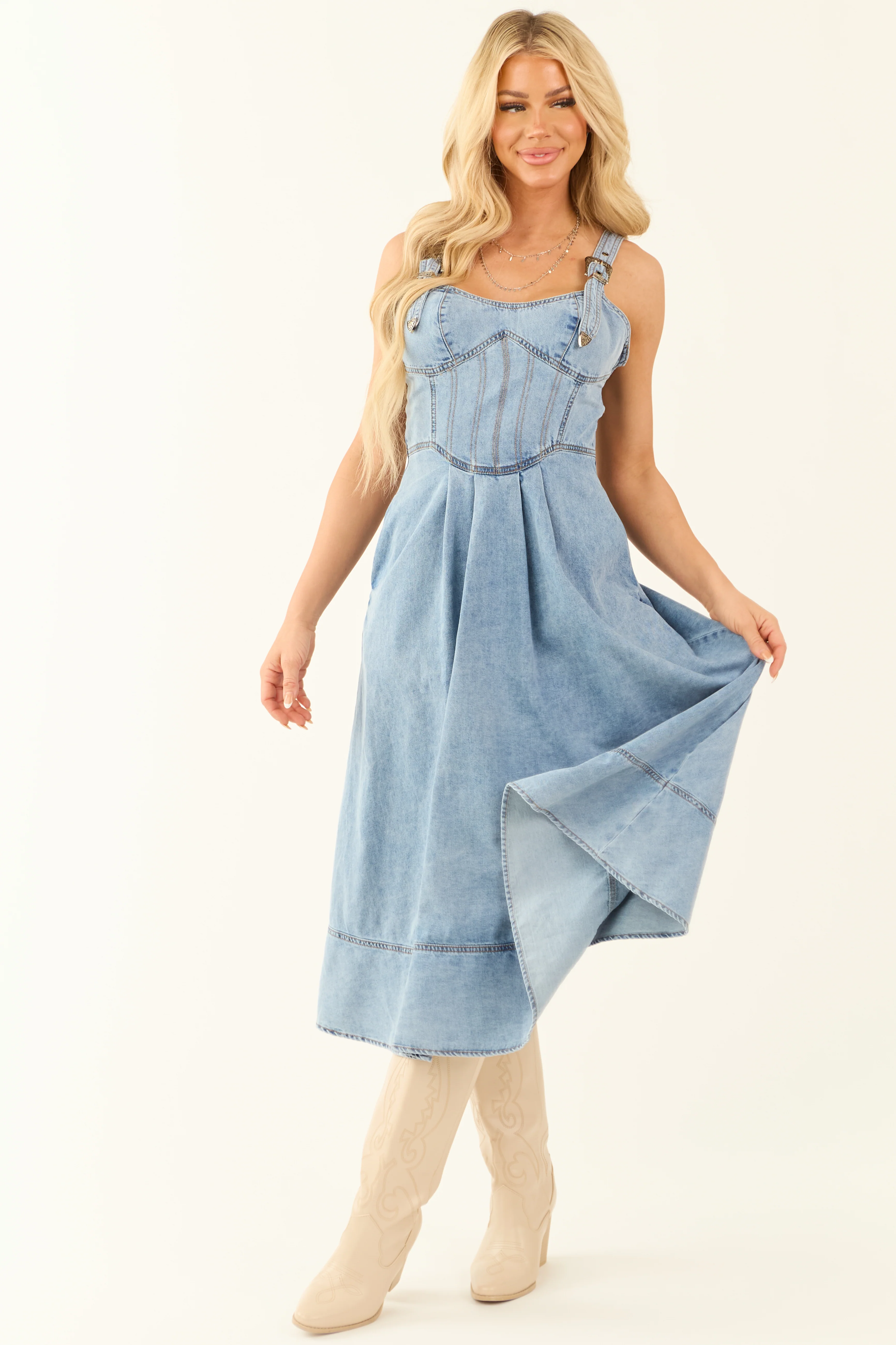 Light Wash Denim Buckle Strap Corset Midi Dress - Image 3