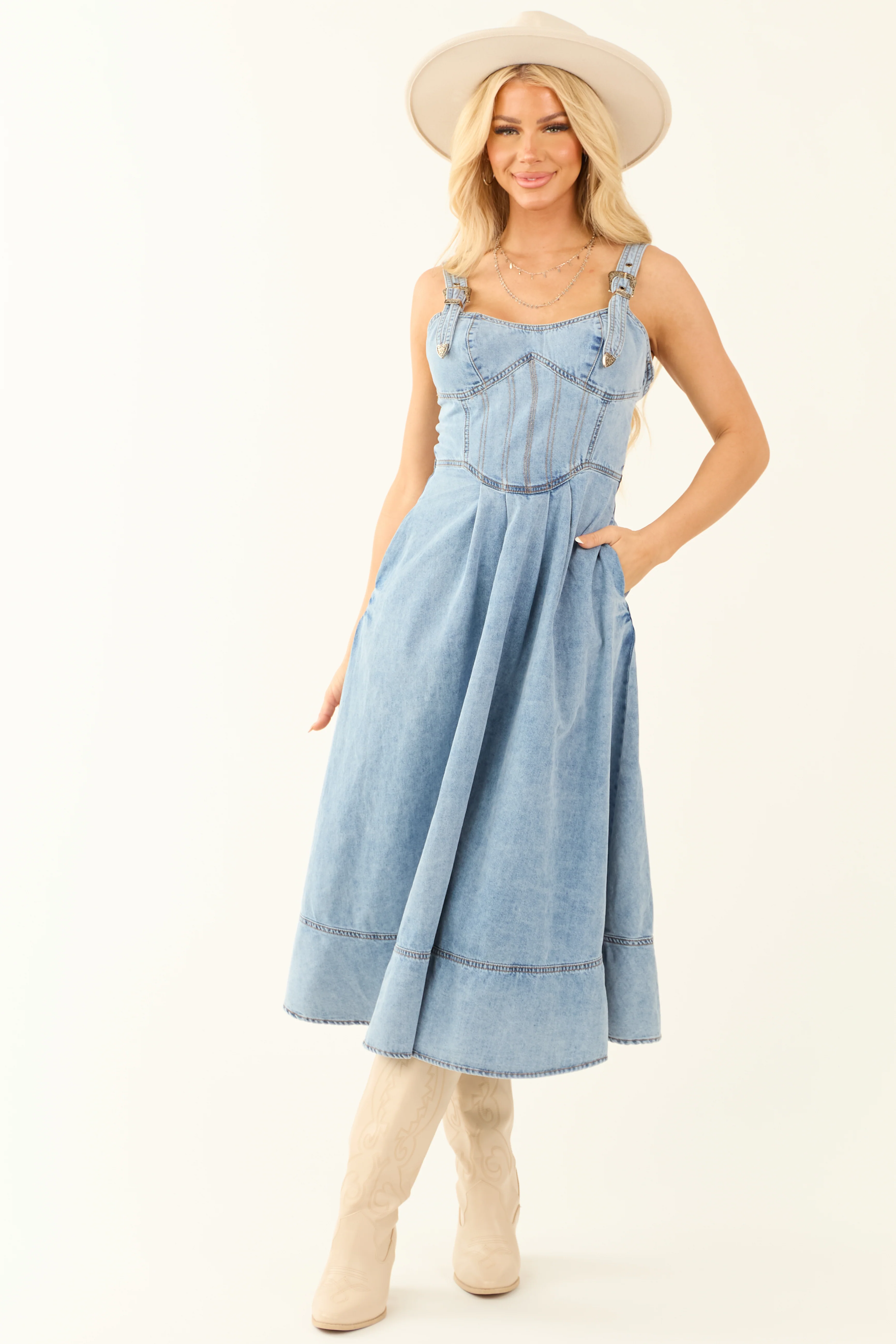 Light Wash Denim Buckle Strap Corset Midi Dress - Image 5
