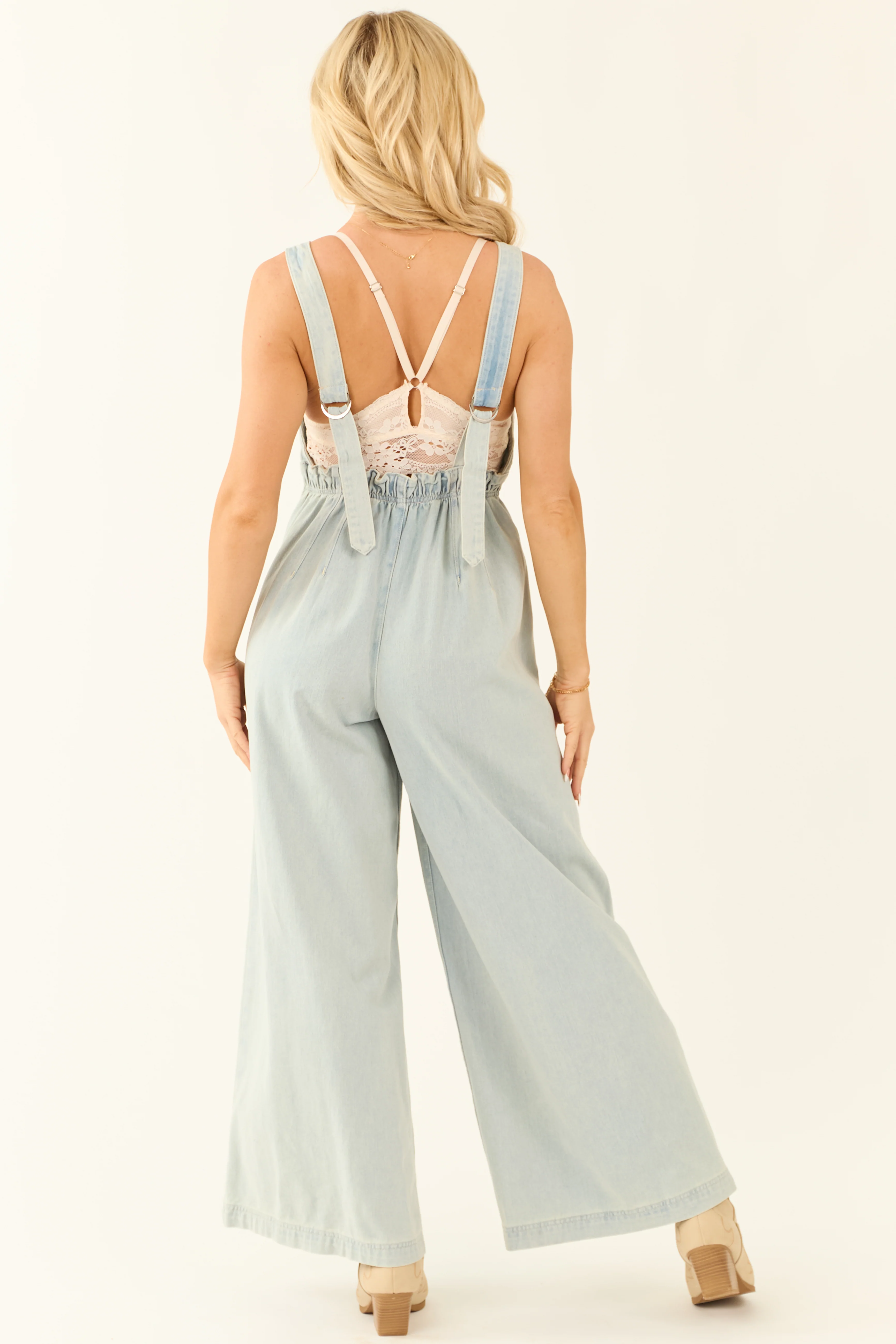 Light Wash Denim Scoop Neck Wide Leg Jumpsuit - Image 6