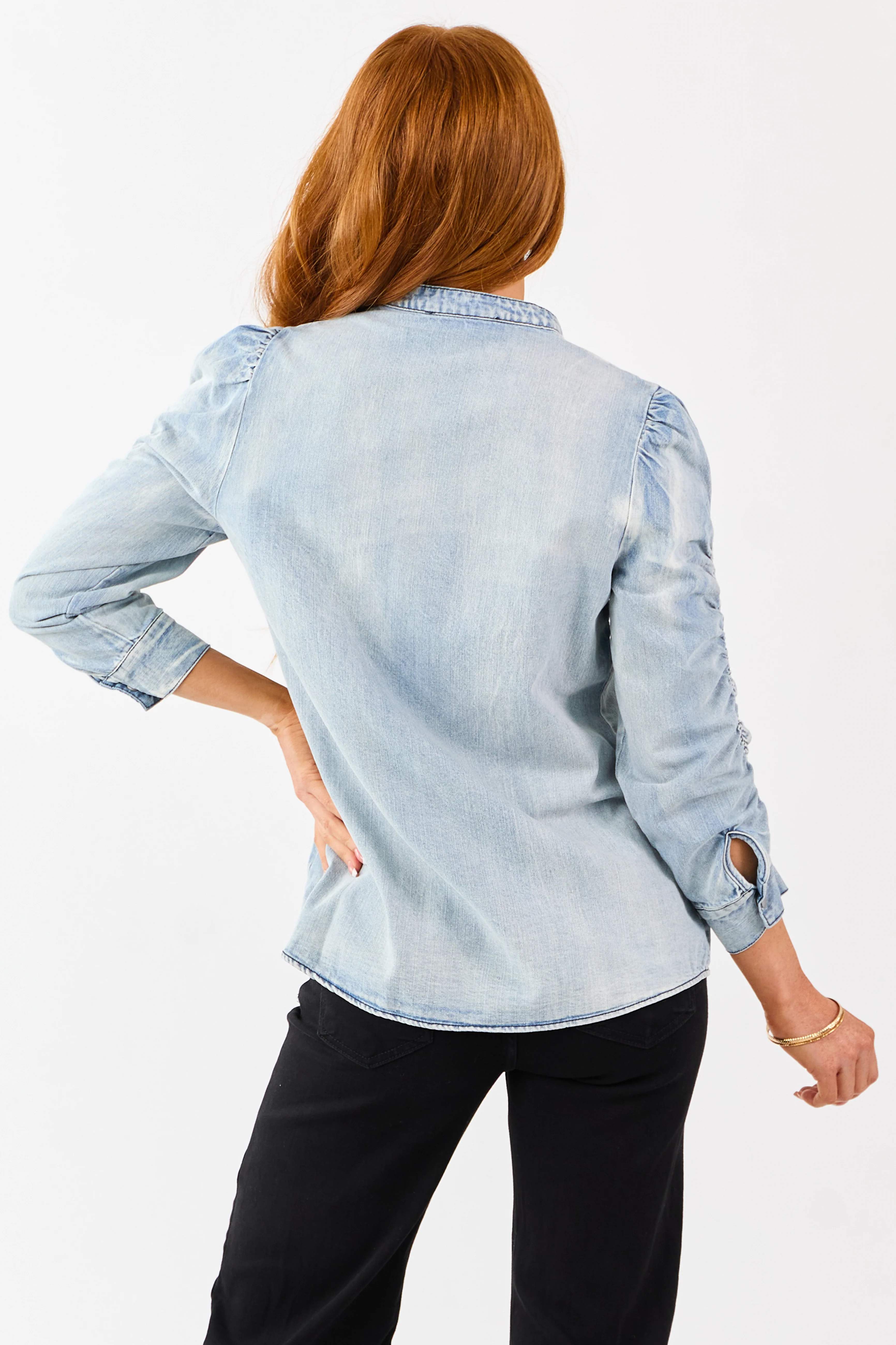 Light Wash Denim Shirred 3/4 Sleeve Button Down Top - Image 5