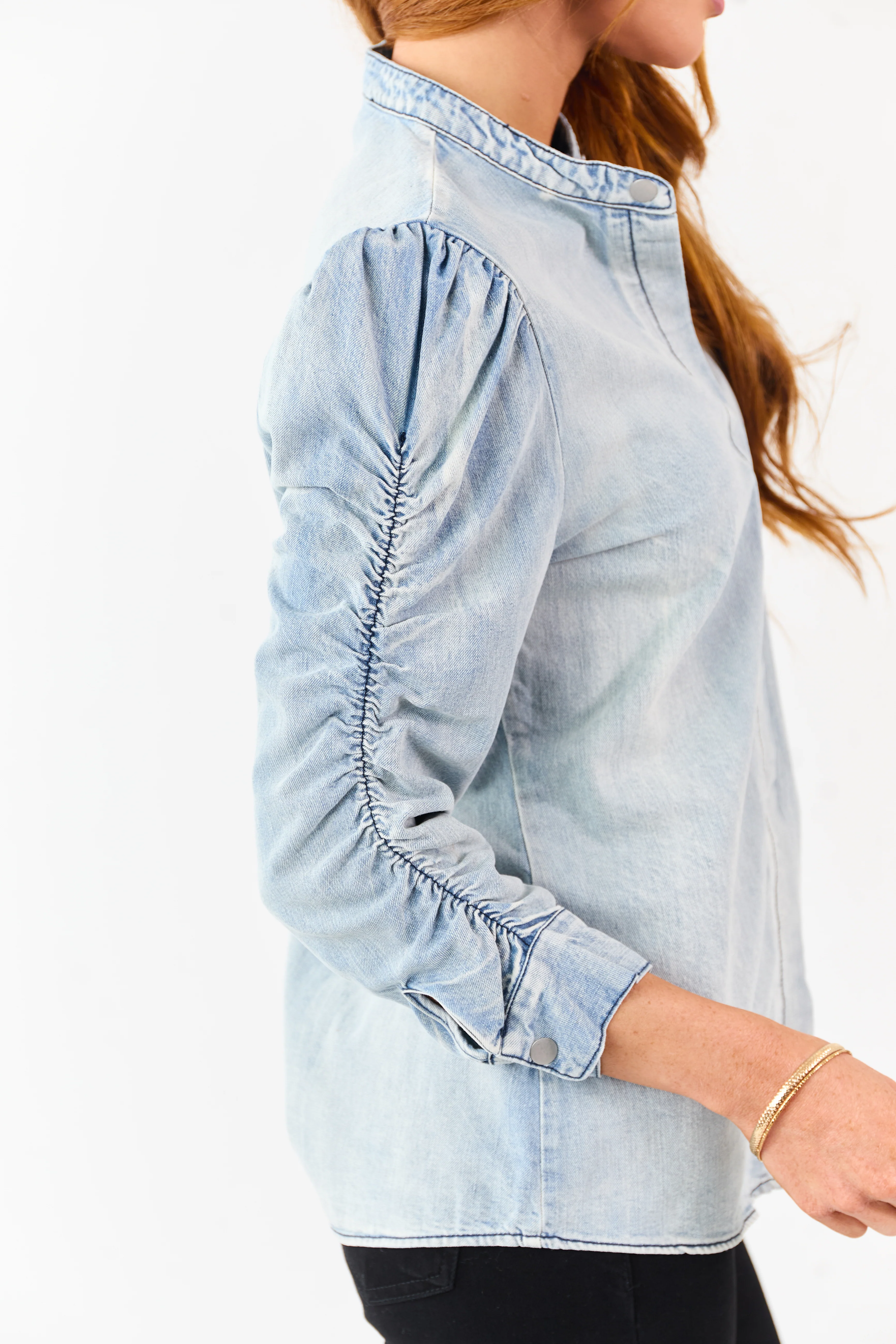 Light Wash Denim Shirred 3/4 Sleeve Button Down Top - Image 6