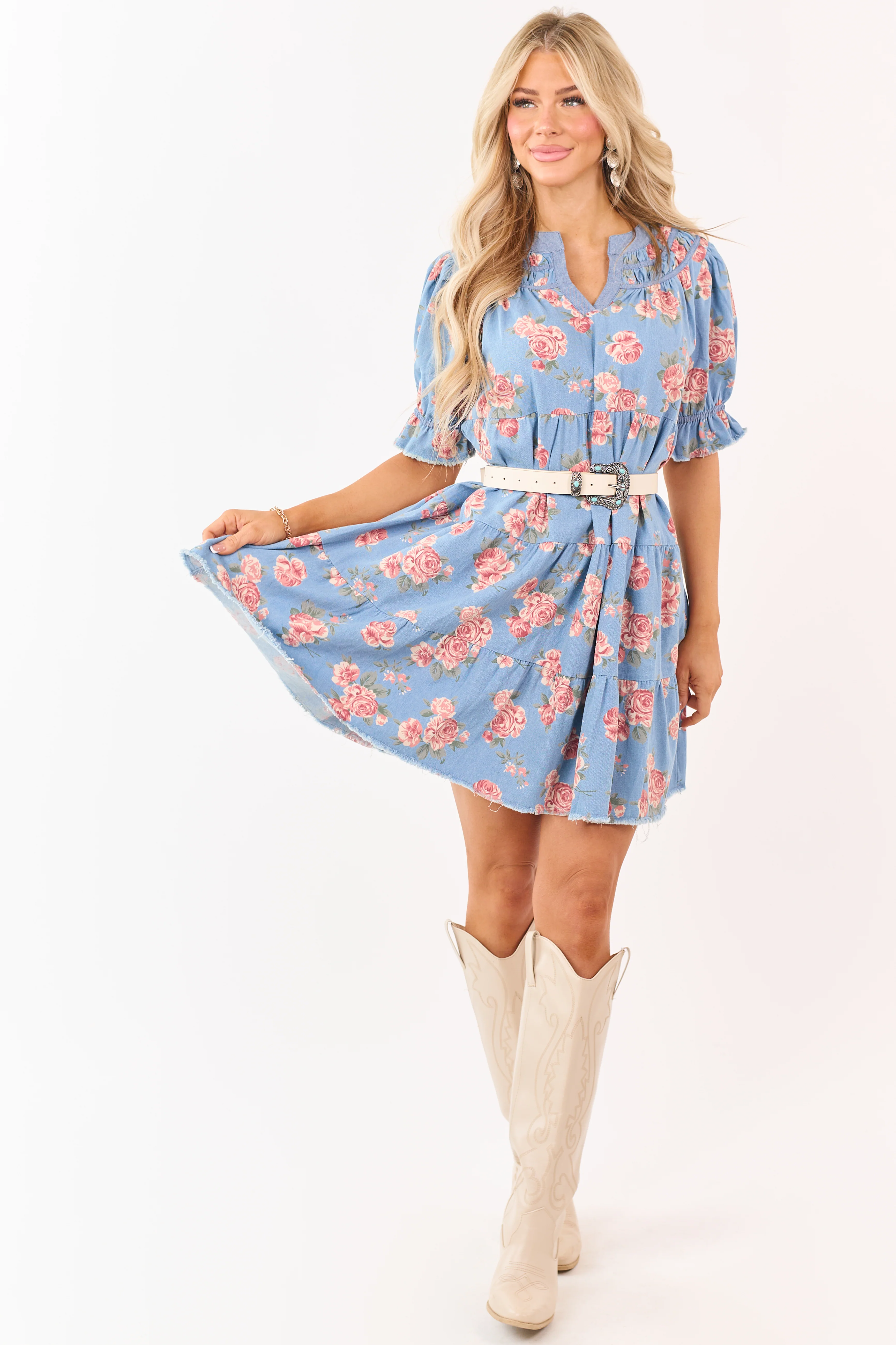 Light Wash Floral Print Denim Tiered Mini Dress - Image 3