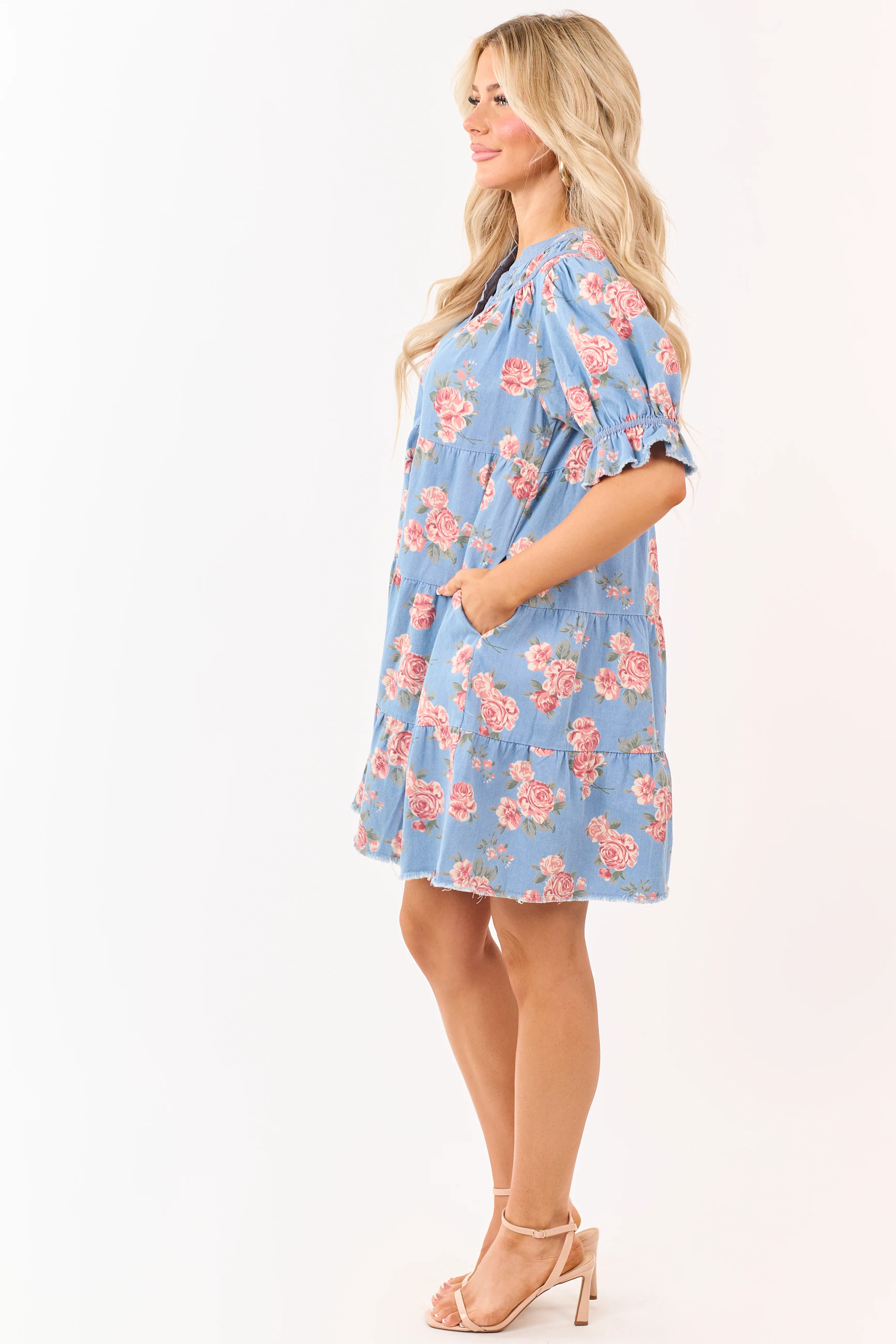 Light Wash Floral Print Denim Tiered Mini Dress - Image 4