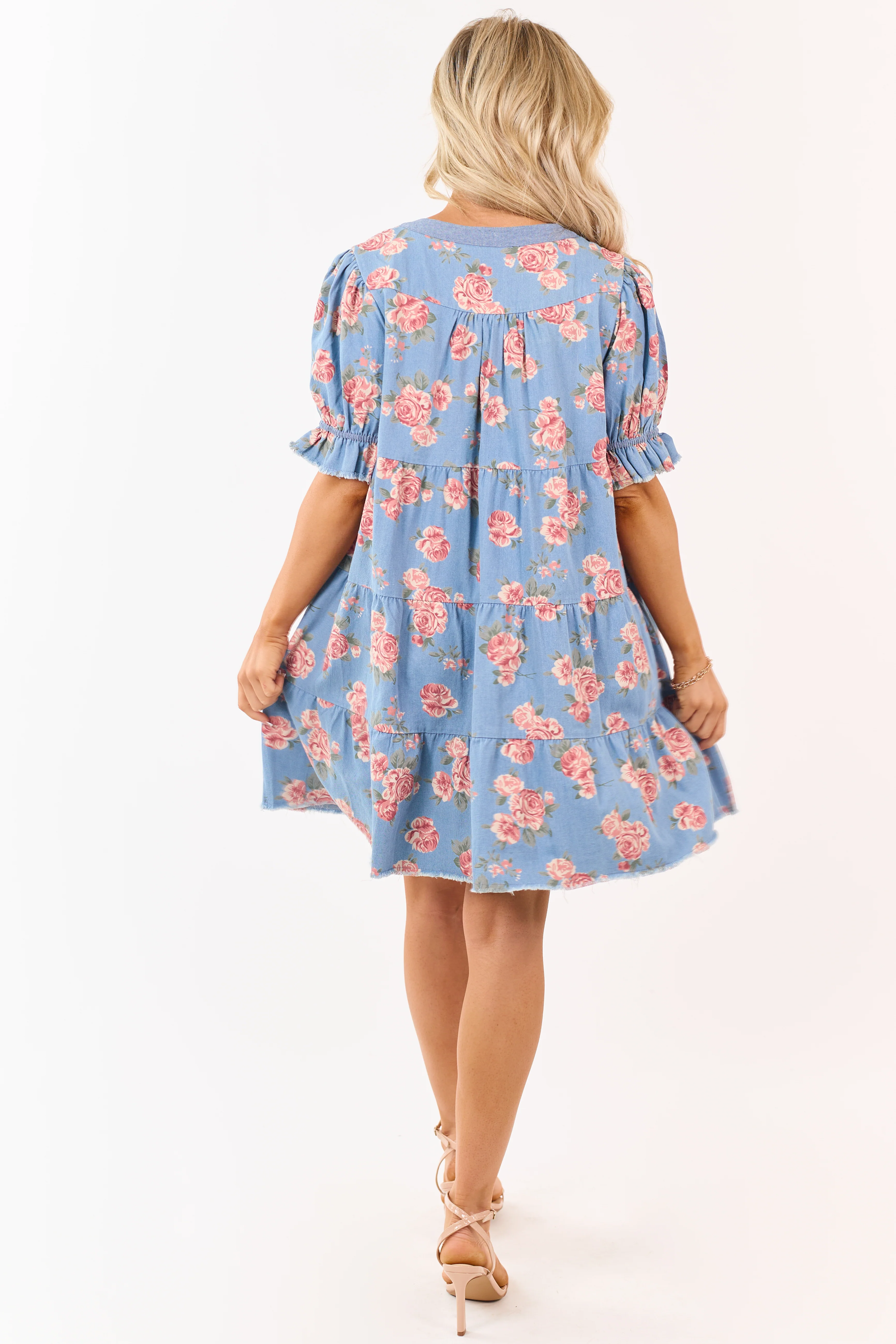 Light Wash Floral Print Denim Tiered Mini Dress - Image 5