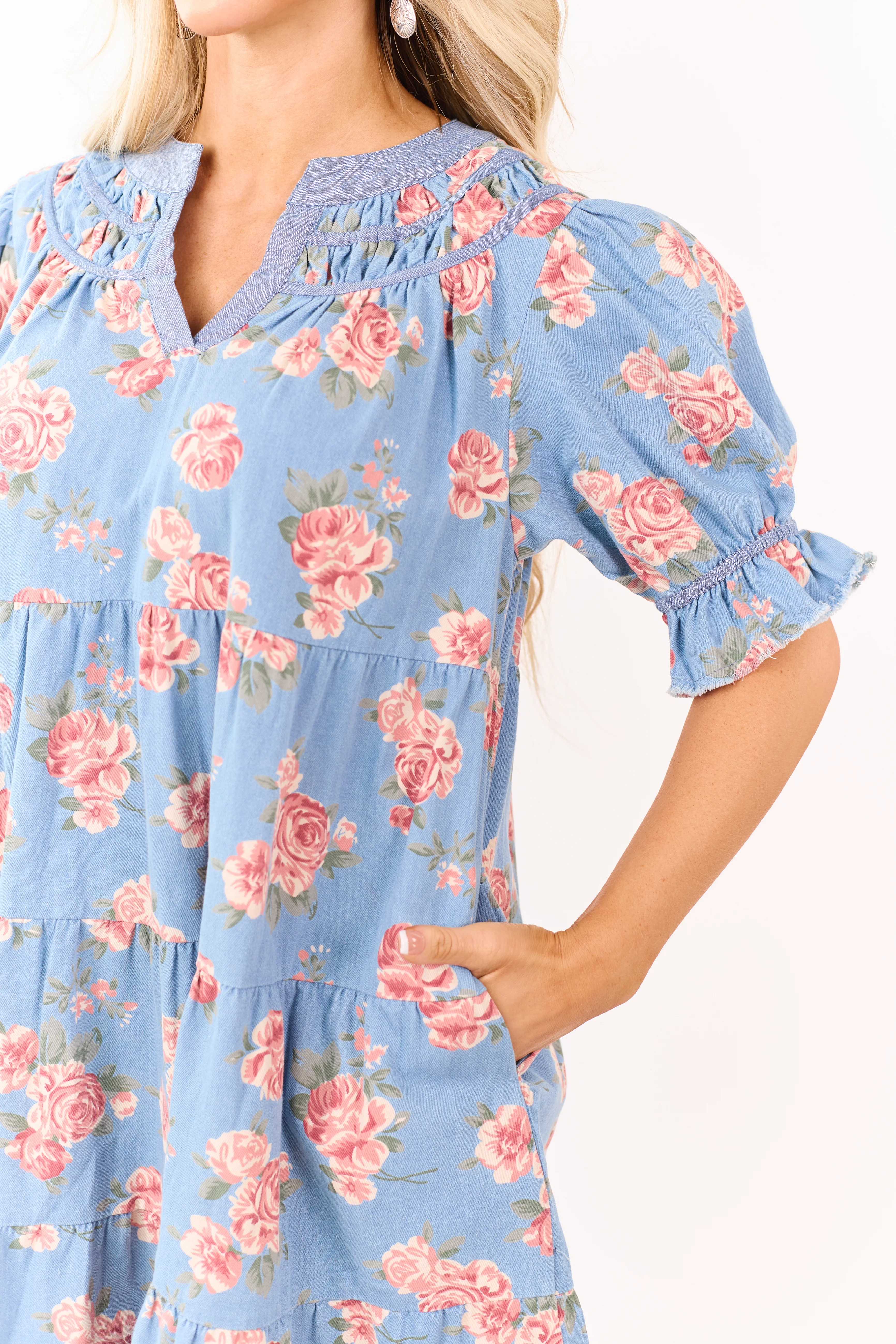 Light Wash Floral Print Denim Tiered Mini Dress - Image 6