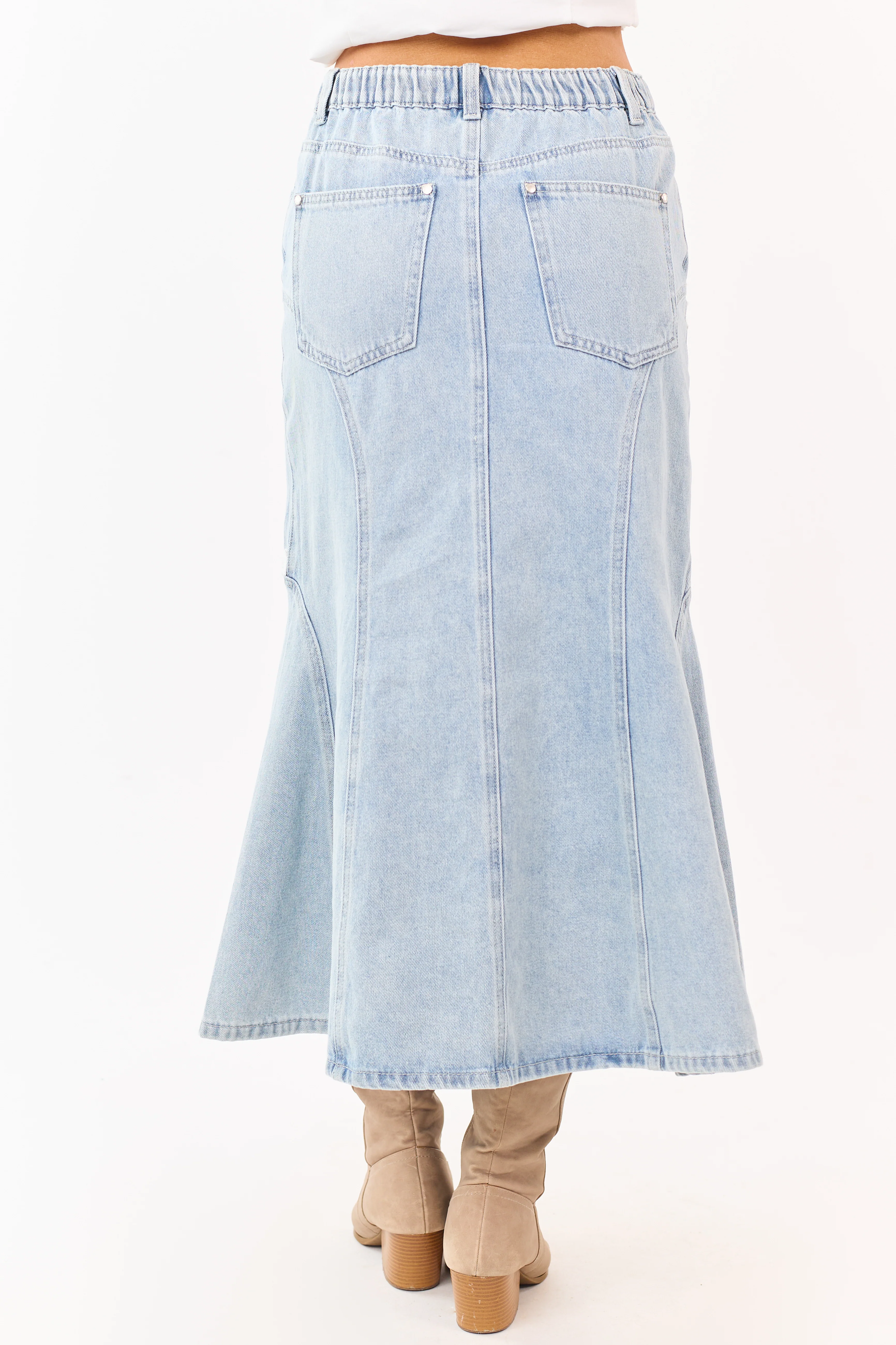 Light Wash Lace Trim Mermaid Flare Midi Skirt - Image 4
