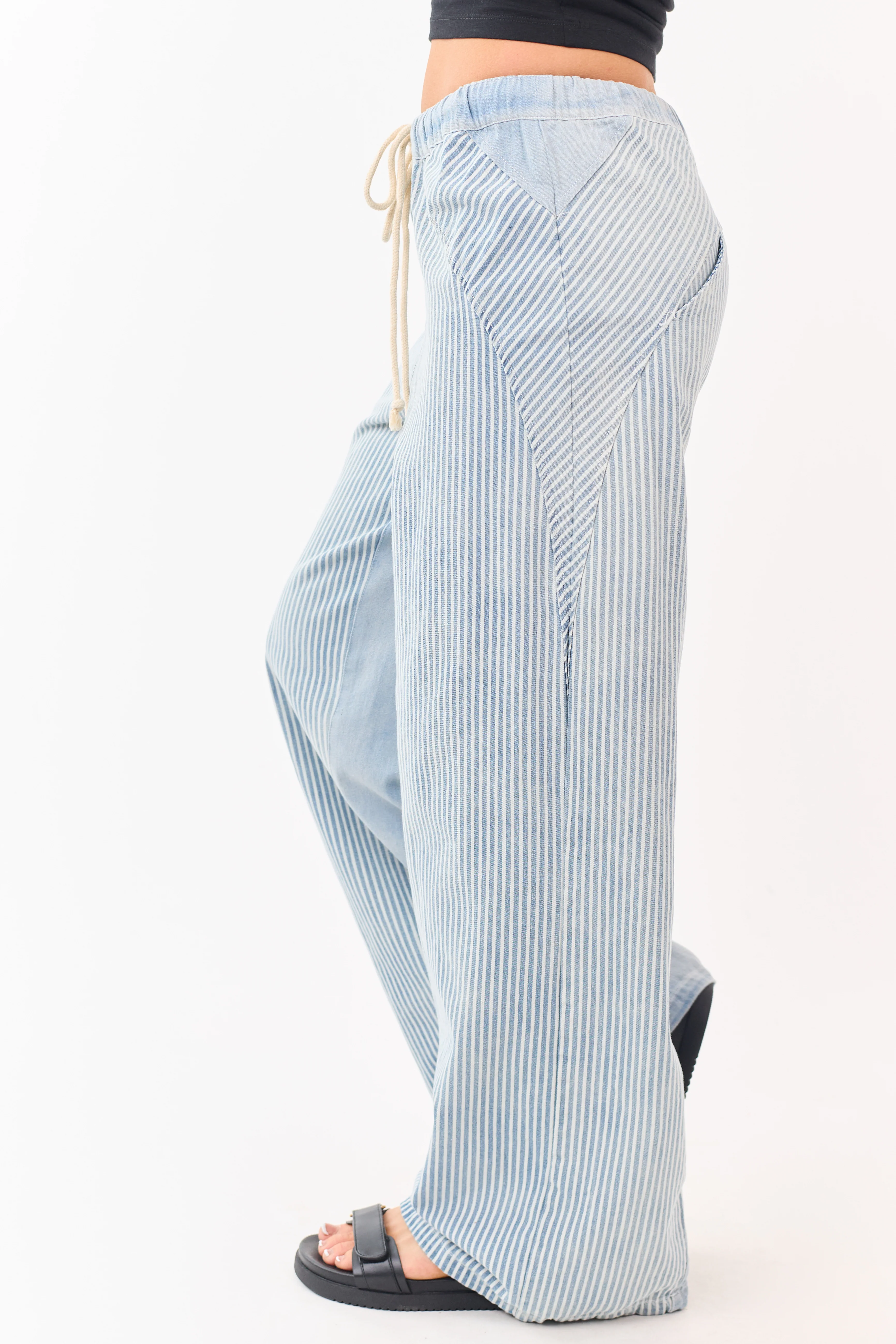 Light Wash Railroad Stripe Wide Leg Denim Pants - Image 3