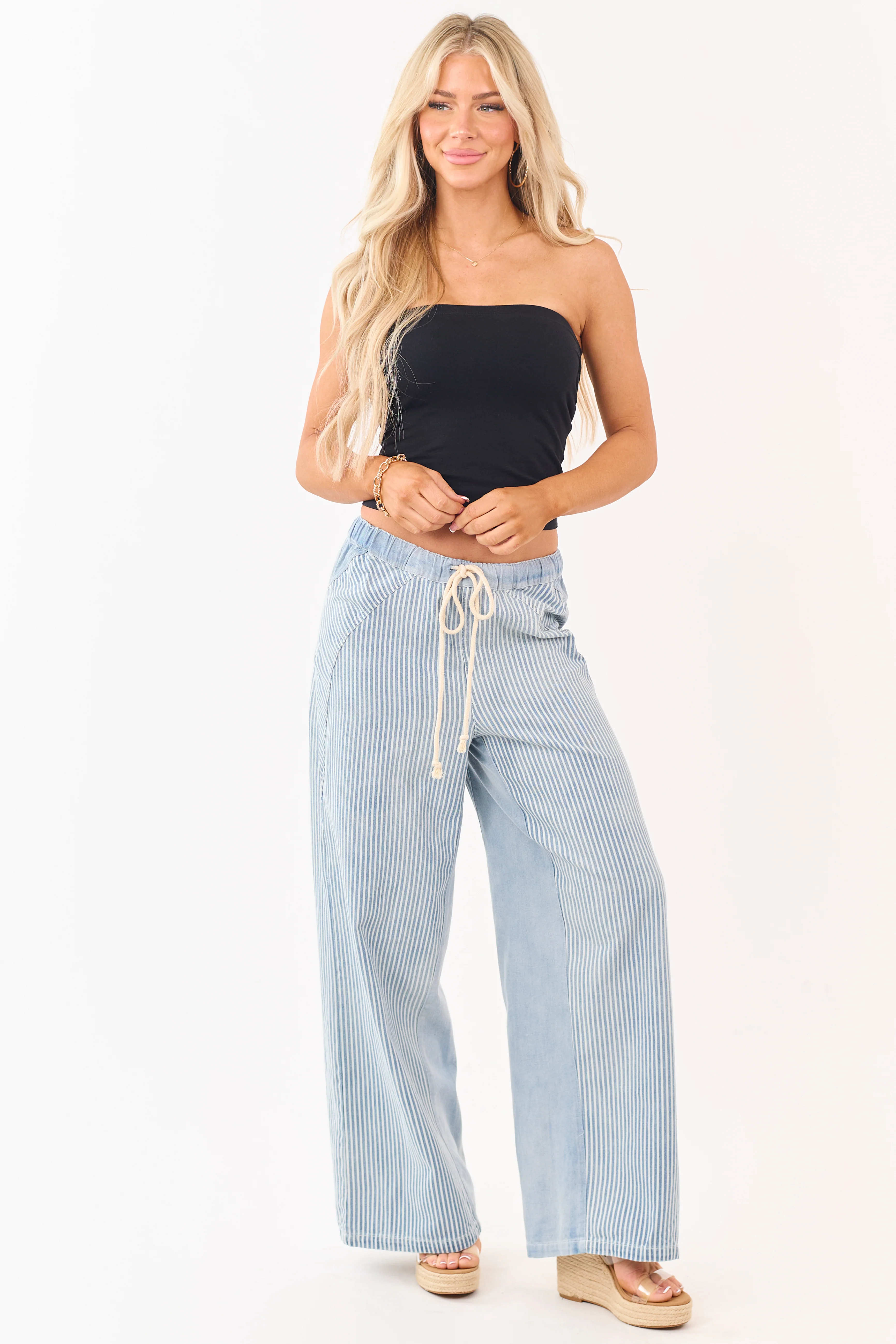 Light Wash Railroad Stripe Wide Leg Denim Pants - Image 6