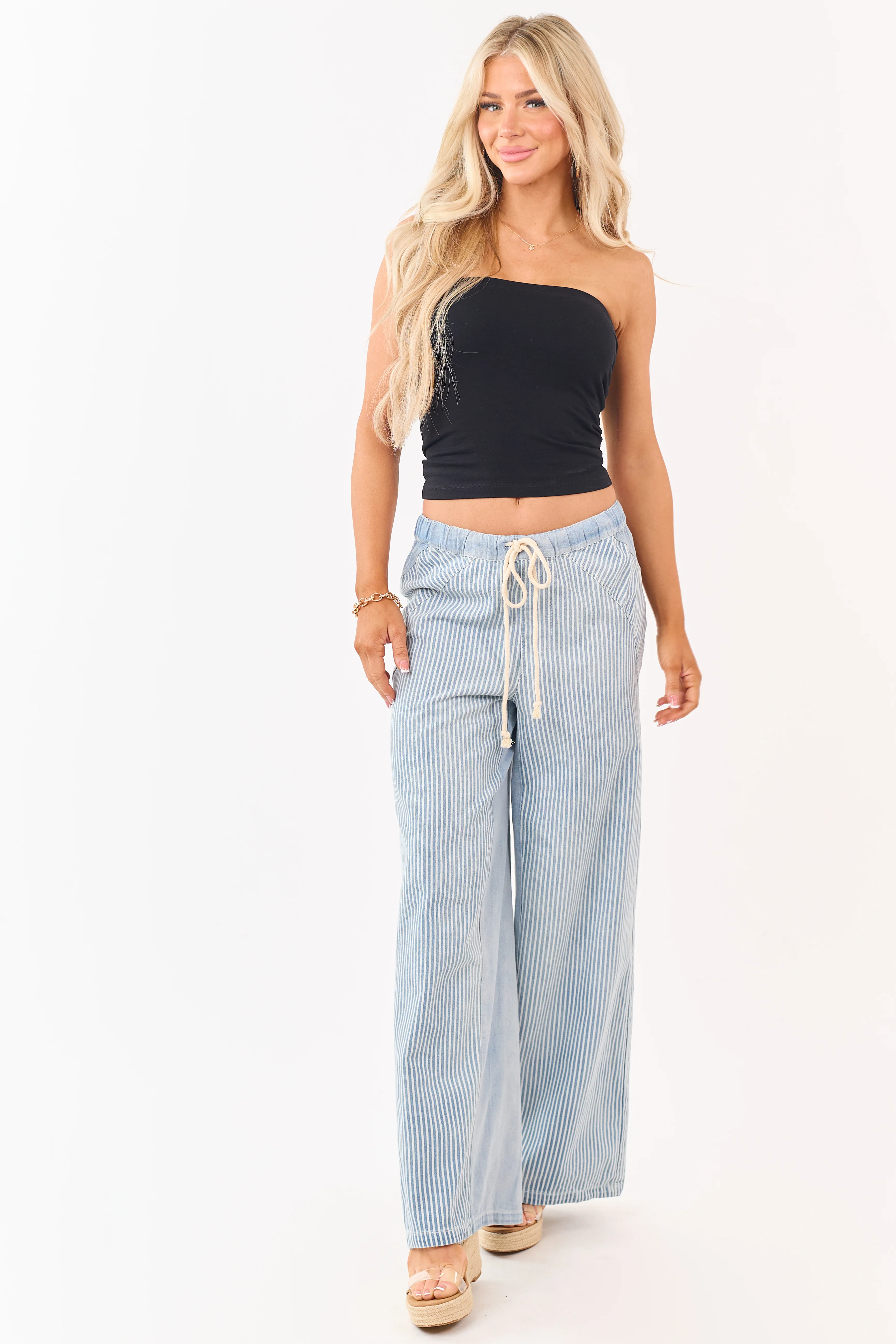 Light Wash Railroad Stripe Wide Leg Denim Pants - Image 7