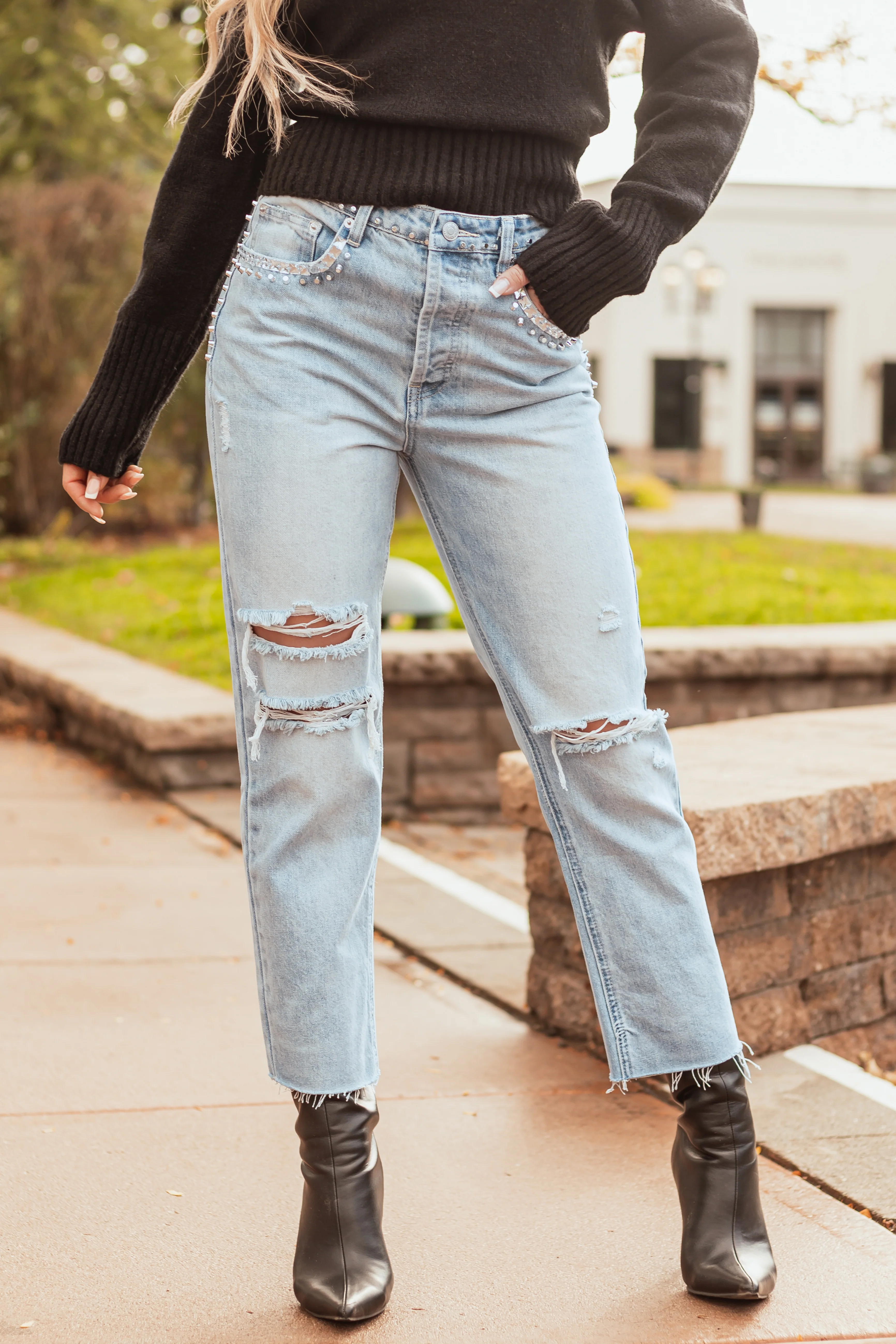 Light Wash Rhinestone Studded Straight Jeans - Image 2