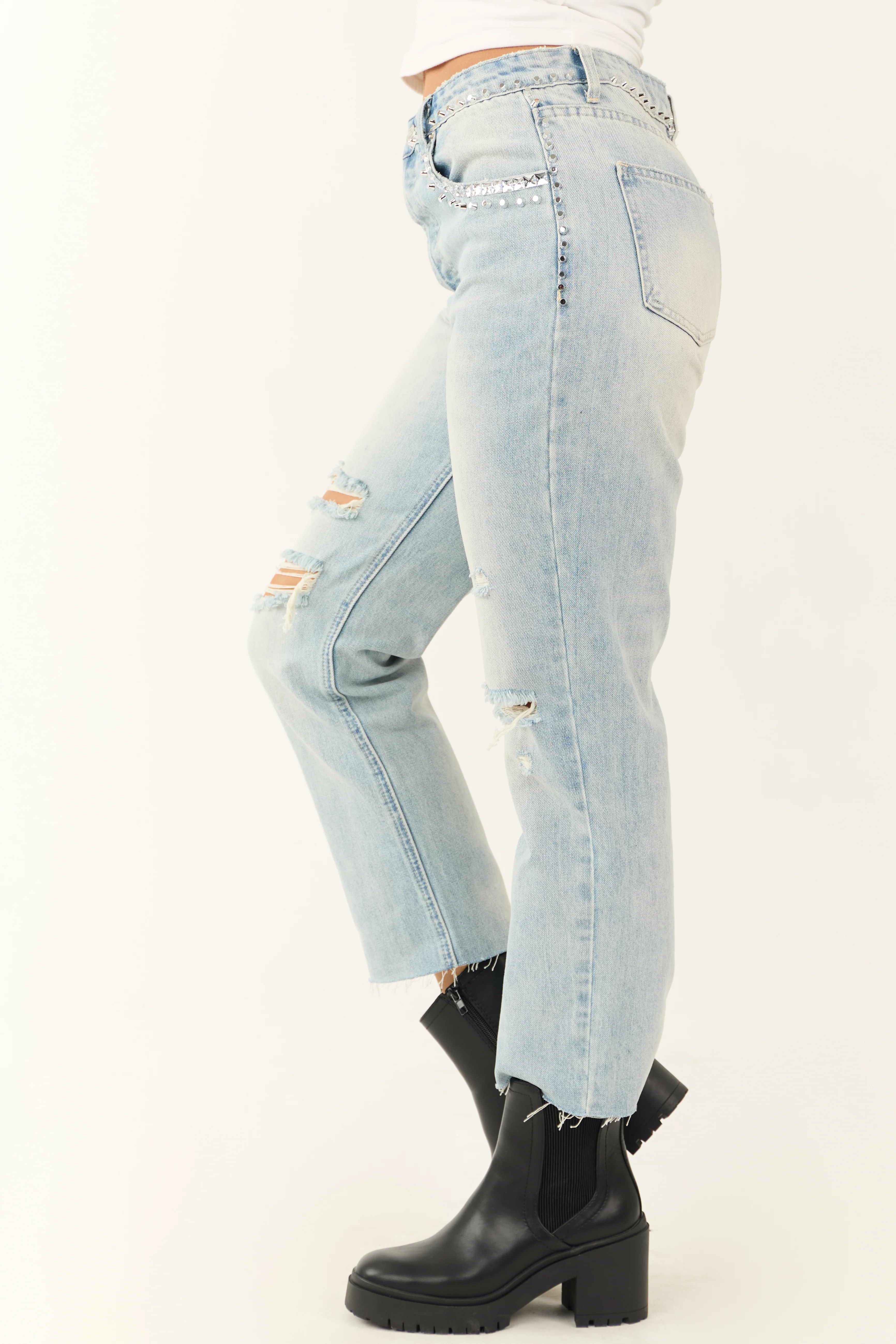 Light Wash Rhinestone Studded Straight Jeans - Image 4