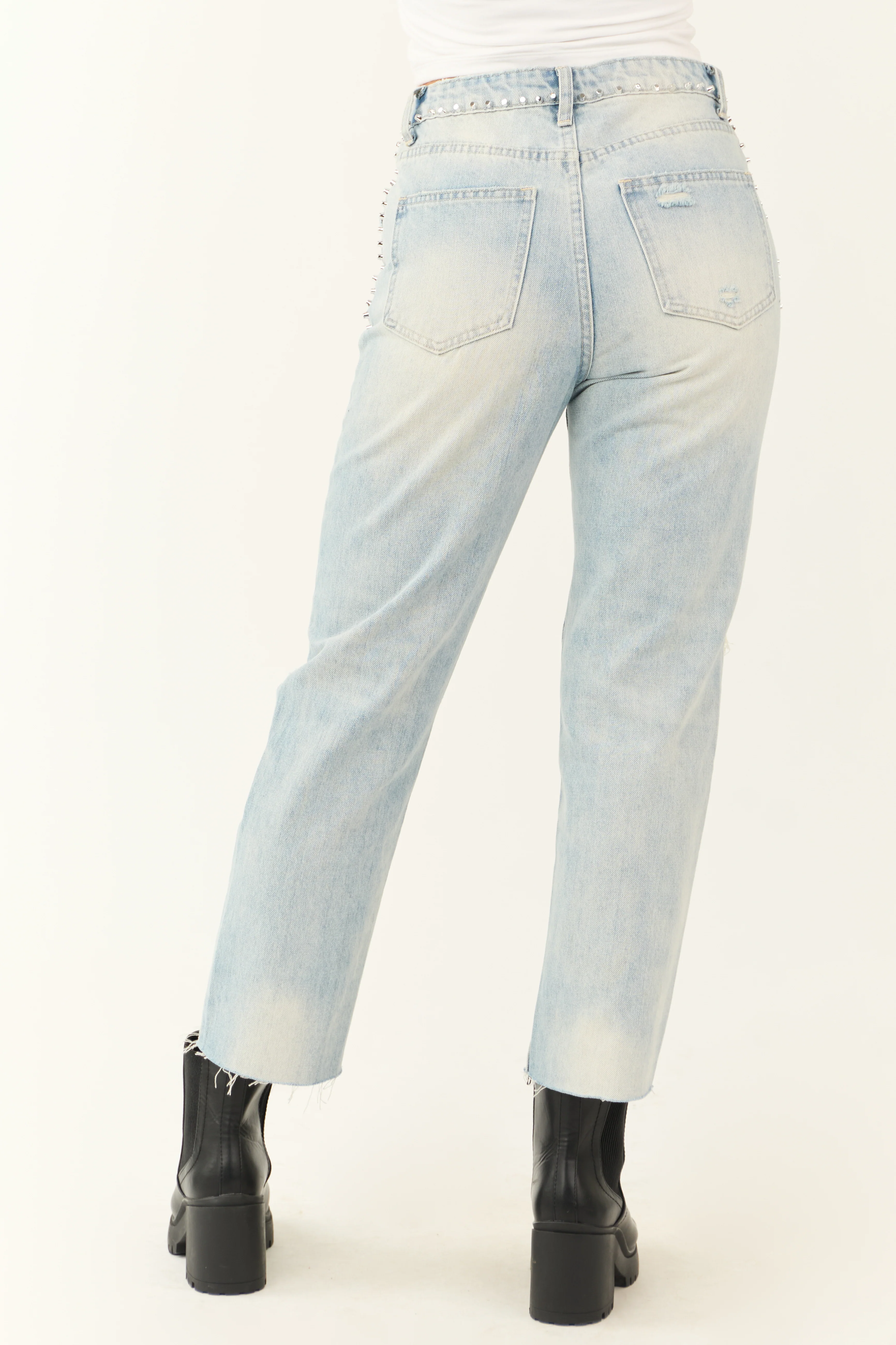 Light Wash Rhinestone Studded Straight Jeans - Image 5