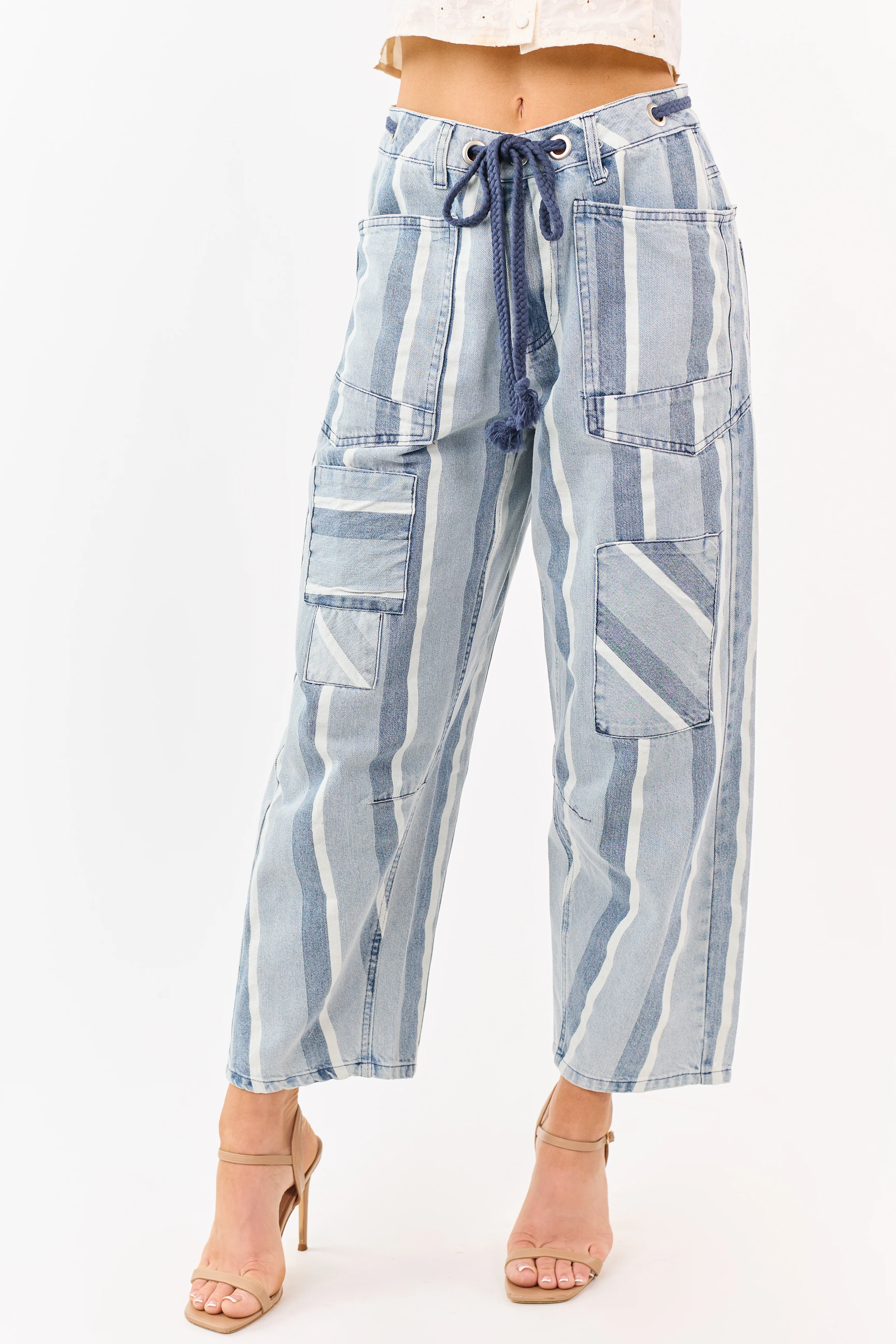 Light Wash Striped Denim Patch Pocket Barrel Pants - Image 2