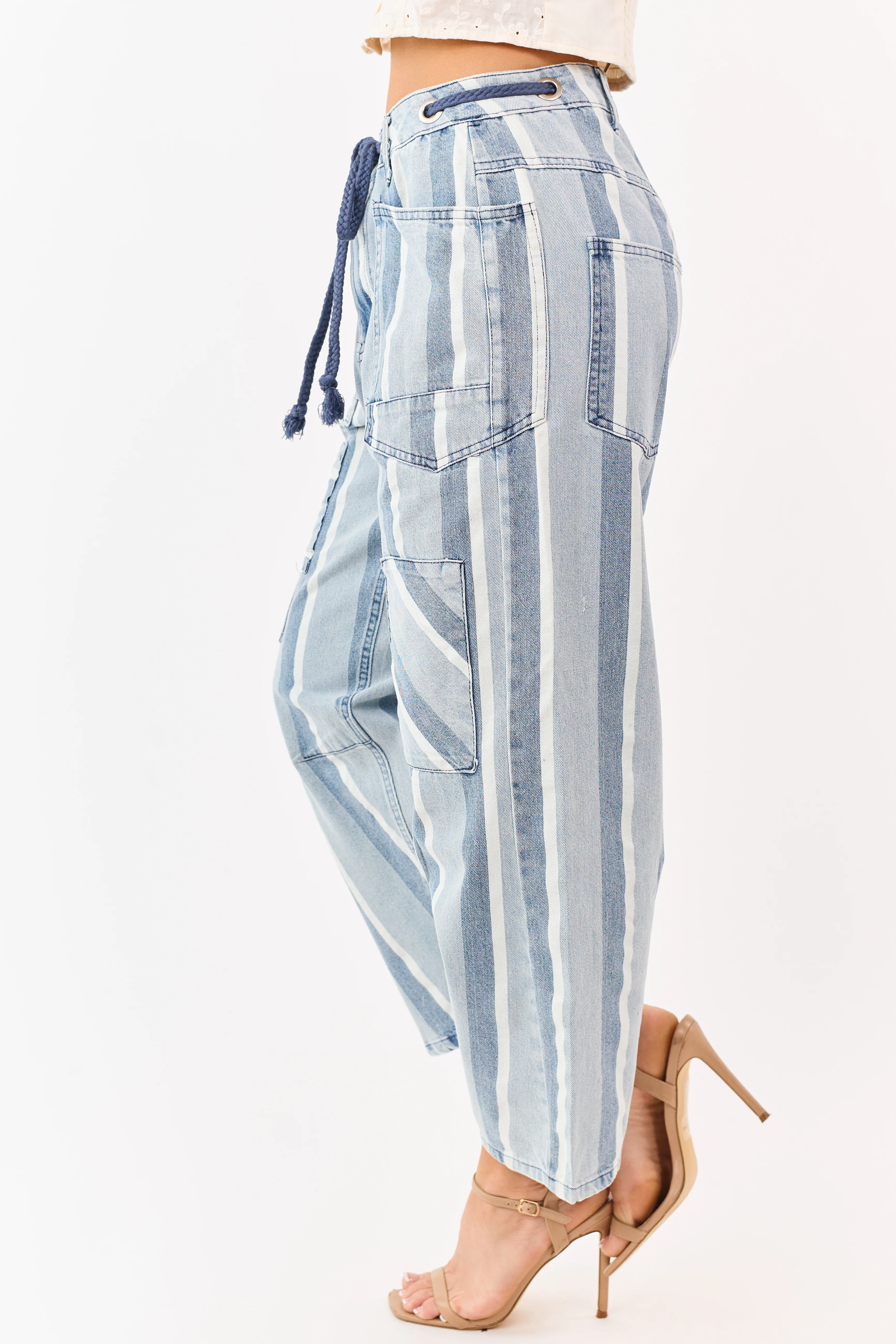 Light Wash Striped Denim Patch Pocket Barrel Pants - Image 3