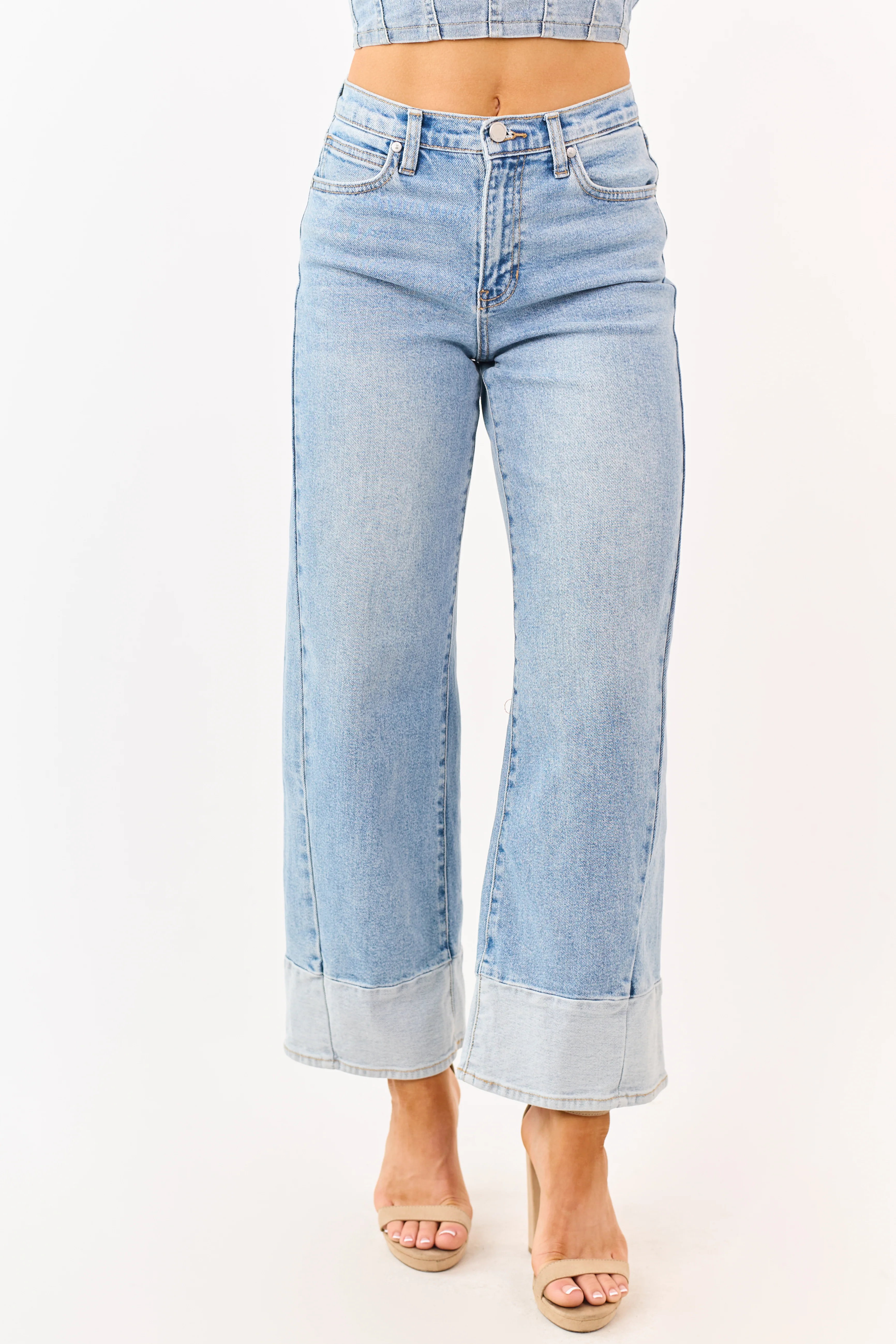Light Wash Two Toned Hem Stretchy Wide Leg Jeans - Image 2