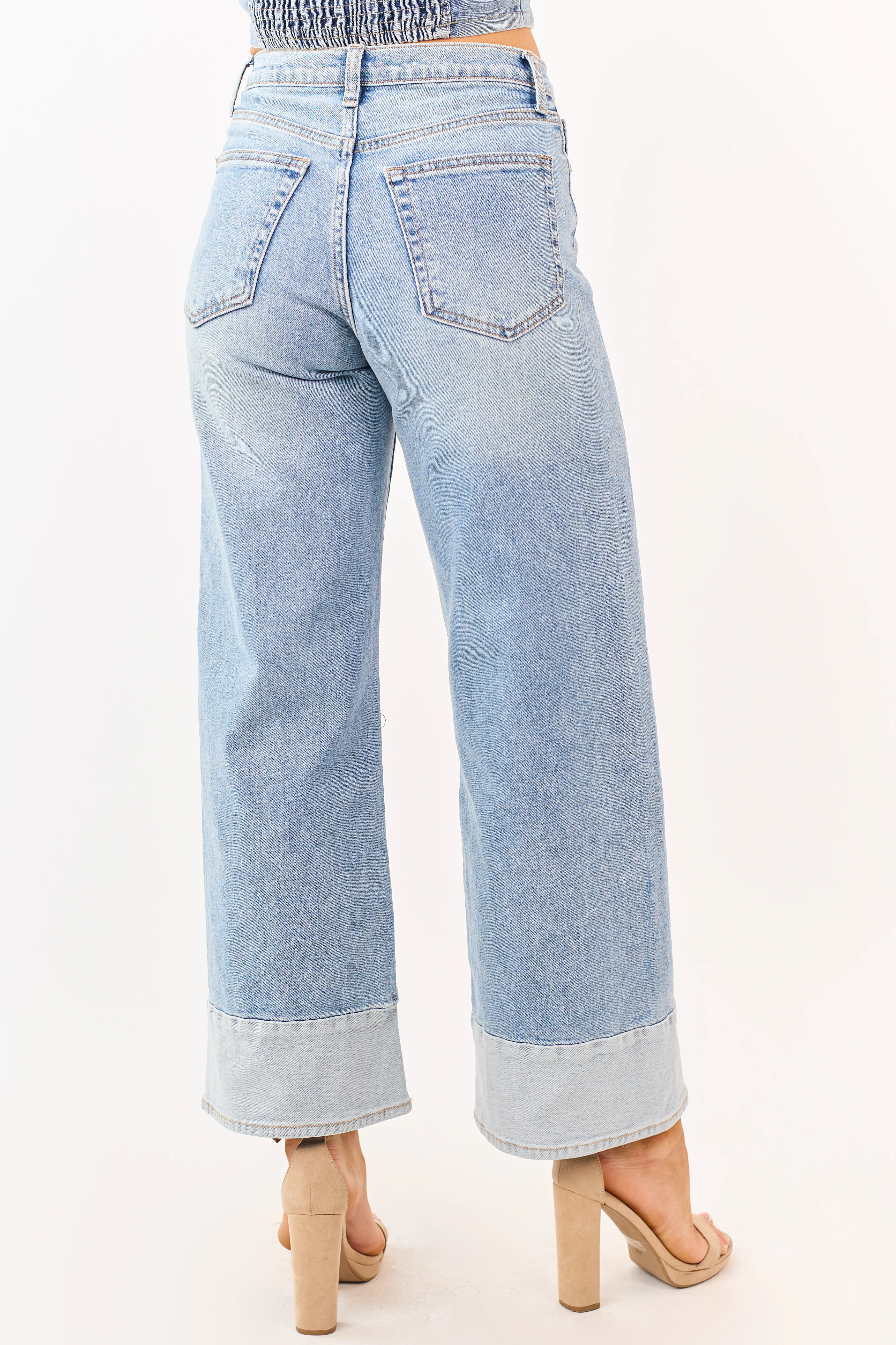 Light Wash Two Toned Hem Stretchy Wide Leg Jeans - Image 4