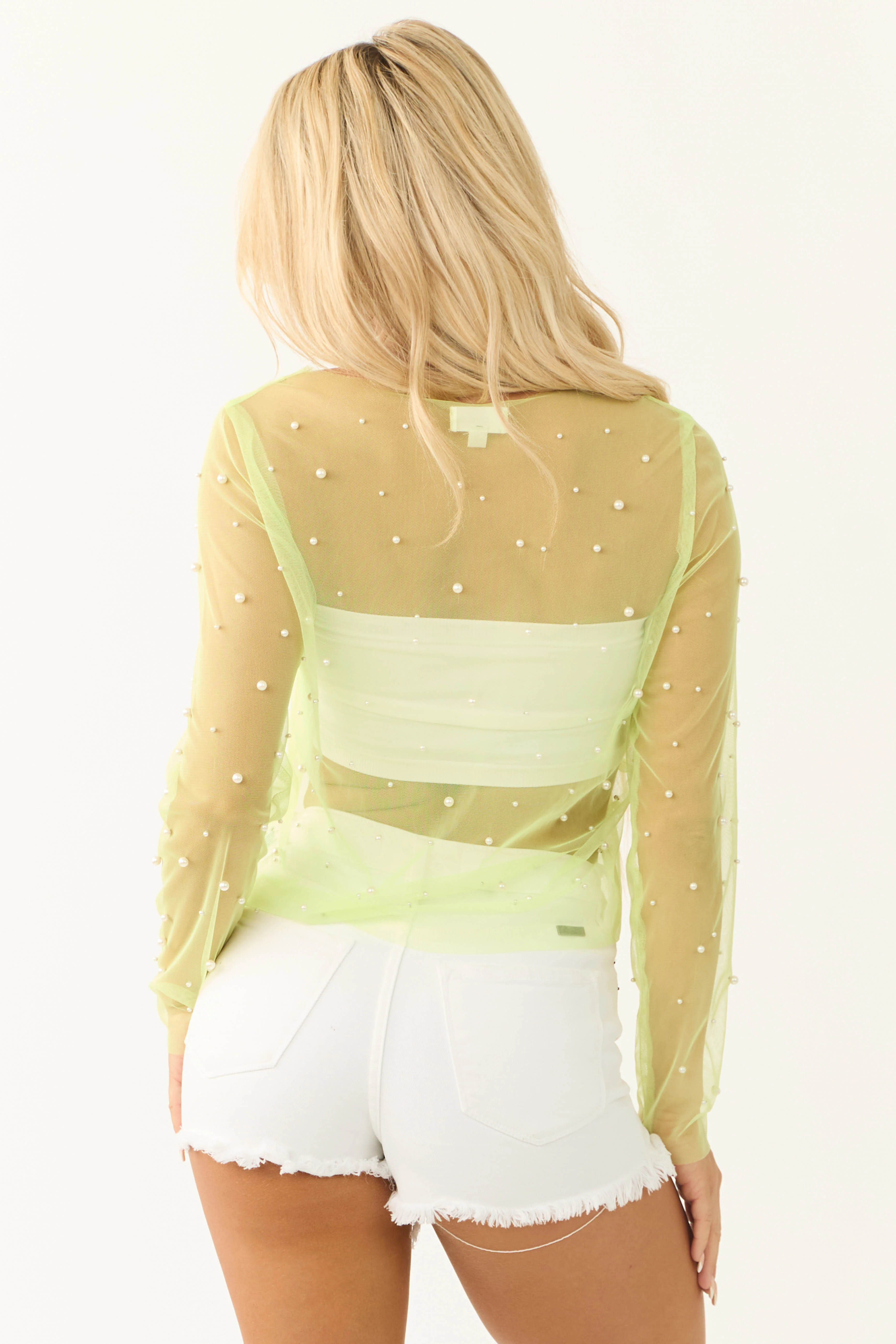 Lime Pearl Detail Long Sleeve Mesh Top - Image 5