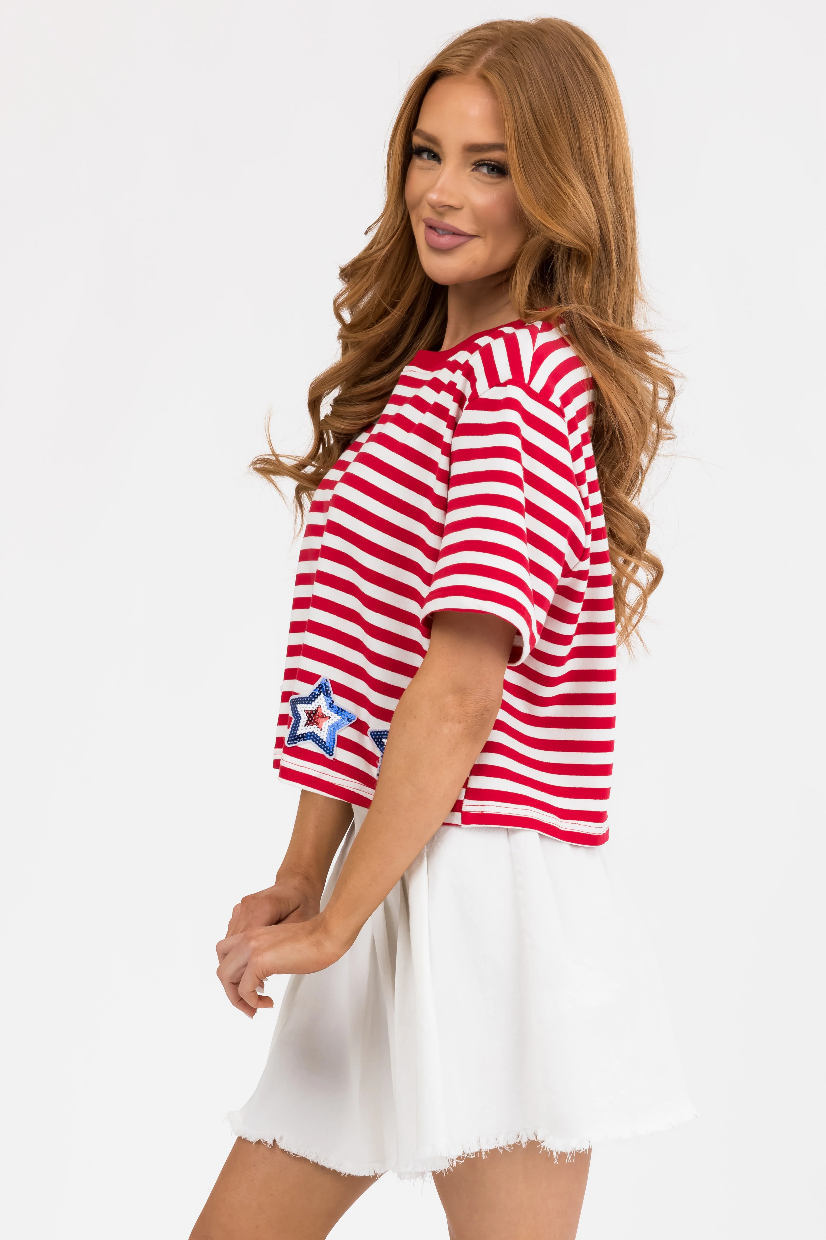 Lipstick and Ivory Stars and Stripes Print Top - Image 4