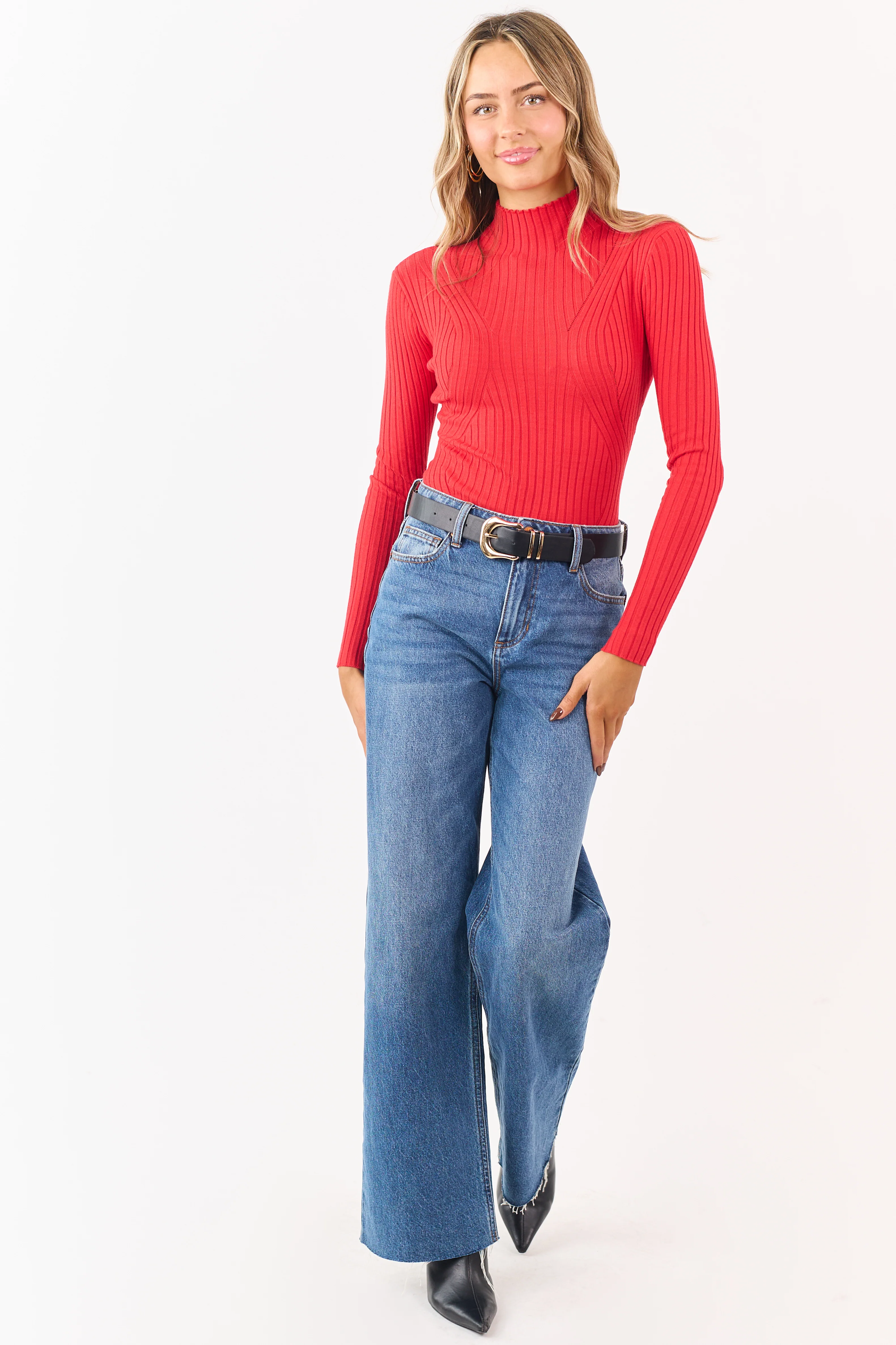 Lipstick Mock Neck Long Sleeve Rib Knit Bodysuit - Image 2