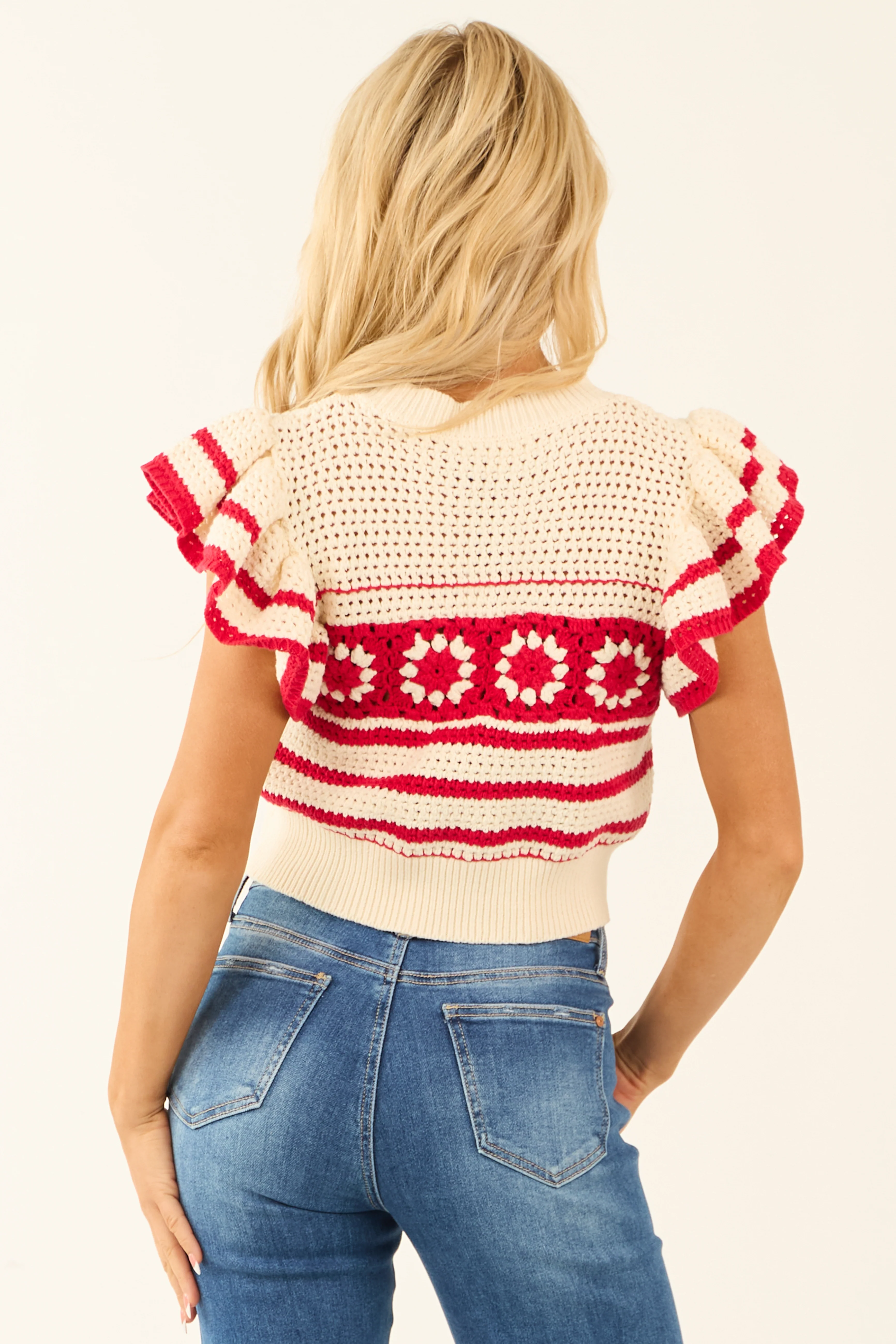 Lipstick Ruffle Short Sleeve Crochet Knit Sweater Top - Image 5