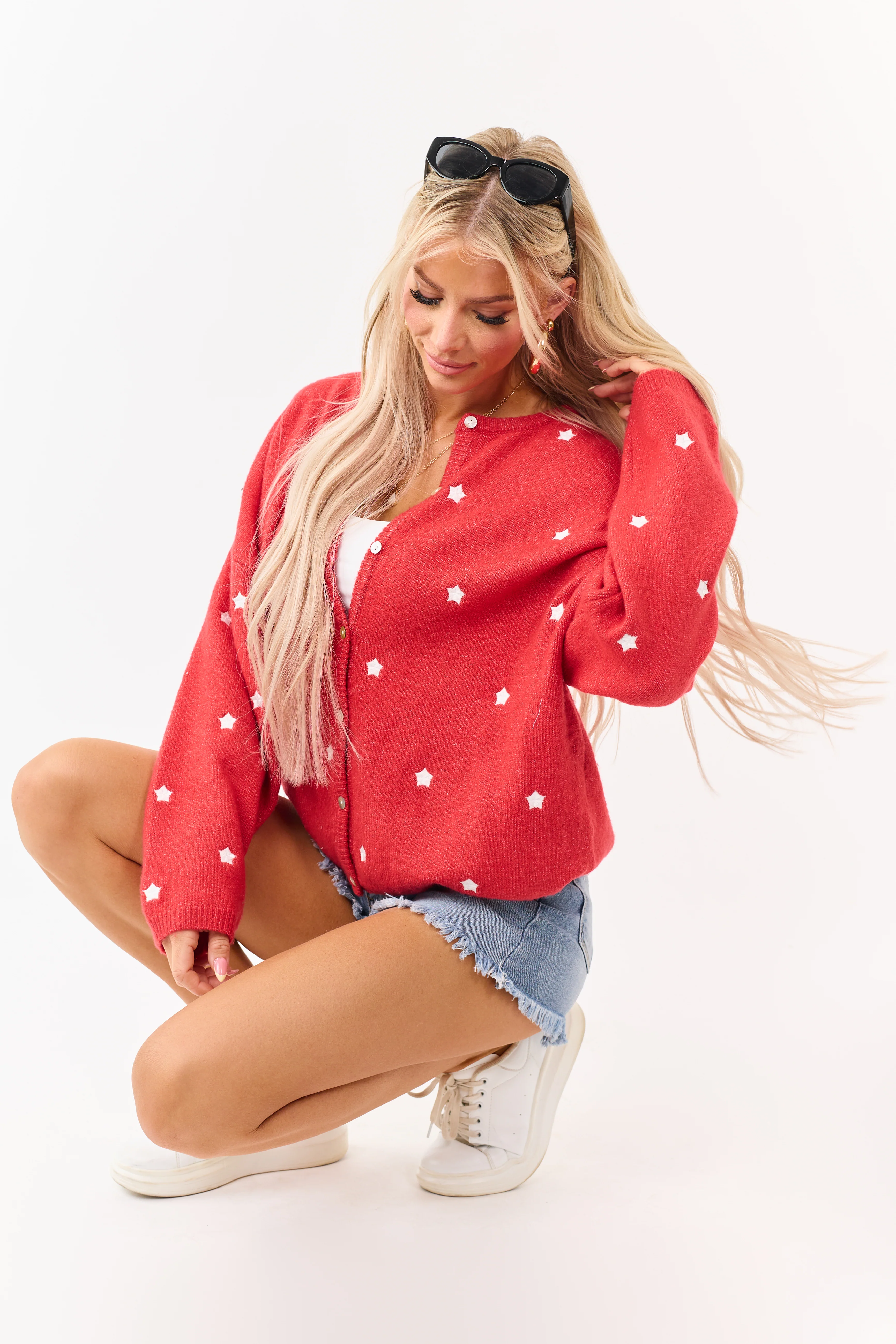 Lipstick Star Pattern Relaxed Button Up Soft Cardigan - Image 4